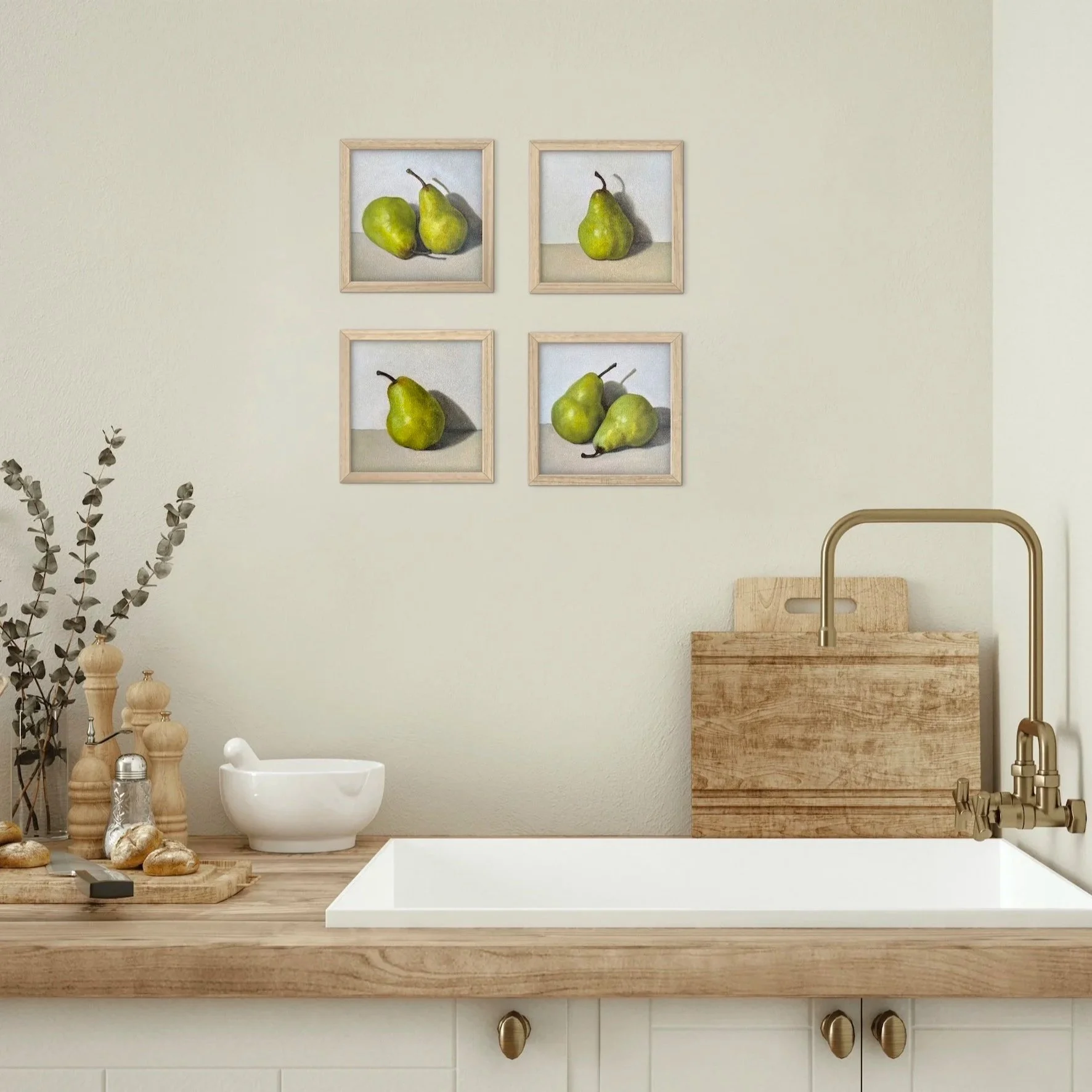 Shop the Pears 4-piece fine art print bundle in solid timber deep-edge frames — $500 (was $555). Free insured delivery, certificate of authenticity & care guide included.