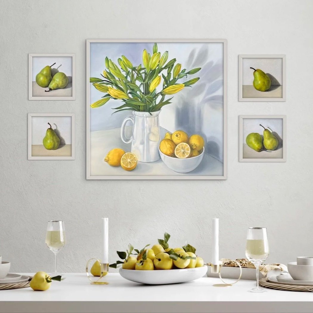 Shop the Lemons & Pears 5-piece fine art print bundle in solid timber deep-edge frames — $500 (was $590). Free insured delivery, certificate of authenticity & care guide included.