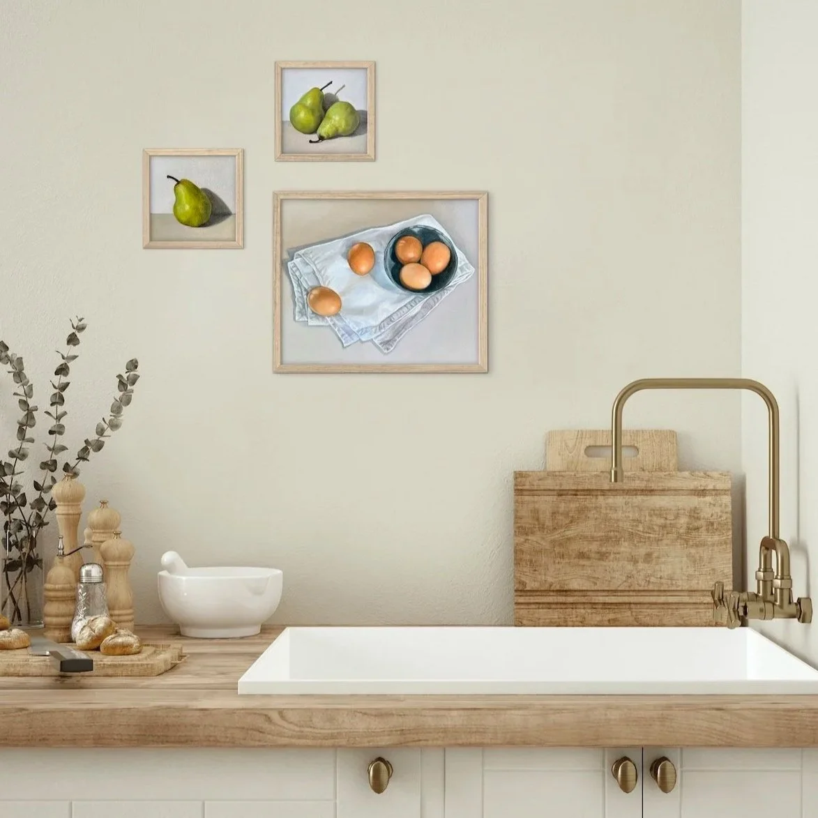 3-piece fine art print bundle of eggs and pears in solid timber deep-edge frames — $320 (valued at $370). Free insured delivery, certificate of authenticity & care guide included.