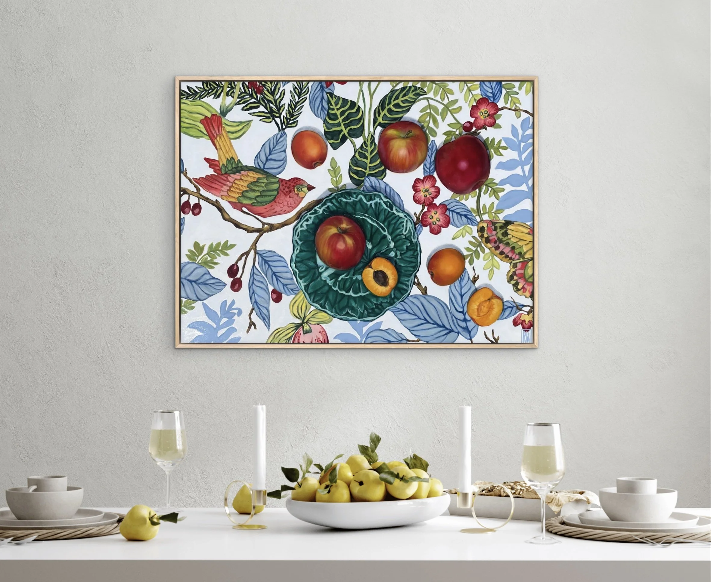 commissioned botanical painting on wall of birds, flowers and fruit with dining table in front with fruit and wine