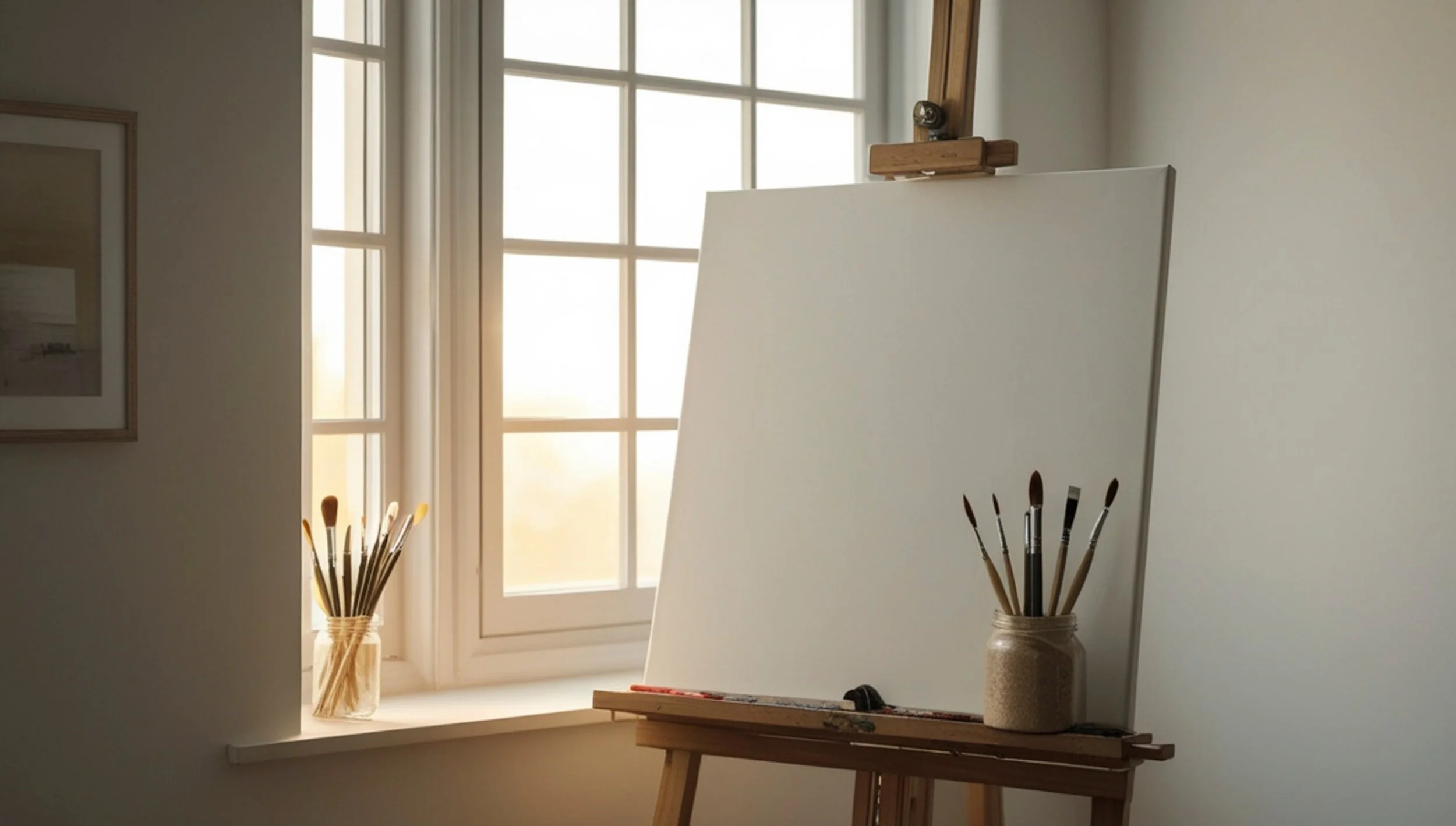 Blank canvas on easel with paintbrushes in jars and light streaming in from window