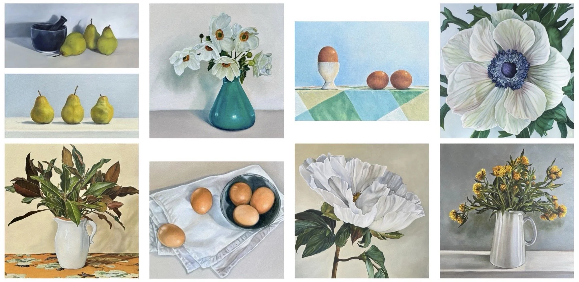 A collage of nine images featuring still life and floral paintings. The top row includes a bowl and pears, white flowers in a blue vase, and a table with eggs and a blue tablecloth. The middle row shows pears on a shelf, eggs in a bowl on a white cloth, and a white flower. The bottom row features a plant in a white pitcher with an orange tablecloth, a dark background with yellow flowers in a white pitcher, and a leafy branch.