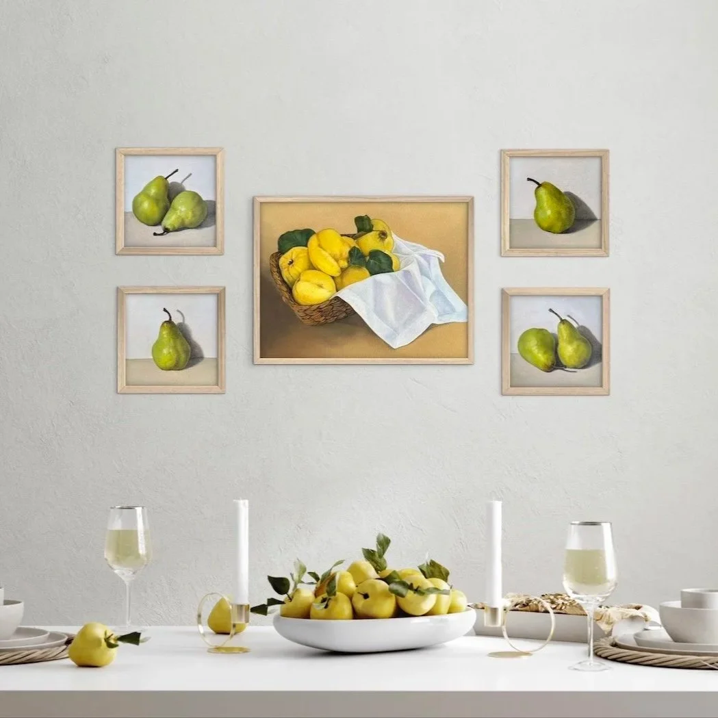Shop the Quince & Pears 5-piece fine art print bundle in solid timber deep-edge frames — $550 (was $635). Free insured delivery, certificate of authenticity & care guide included.