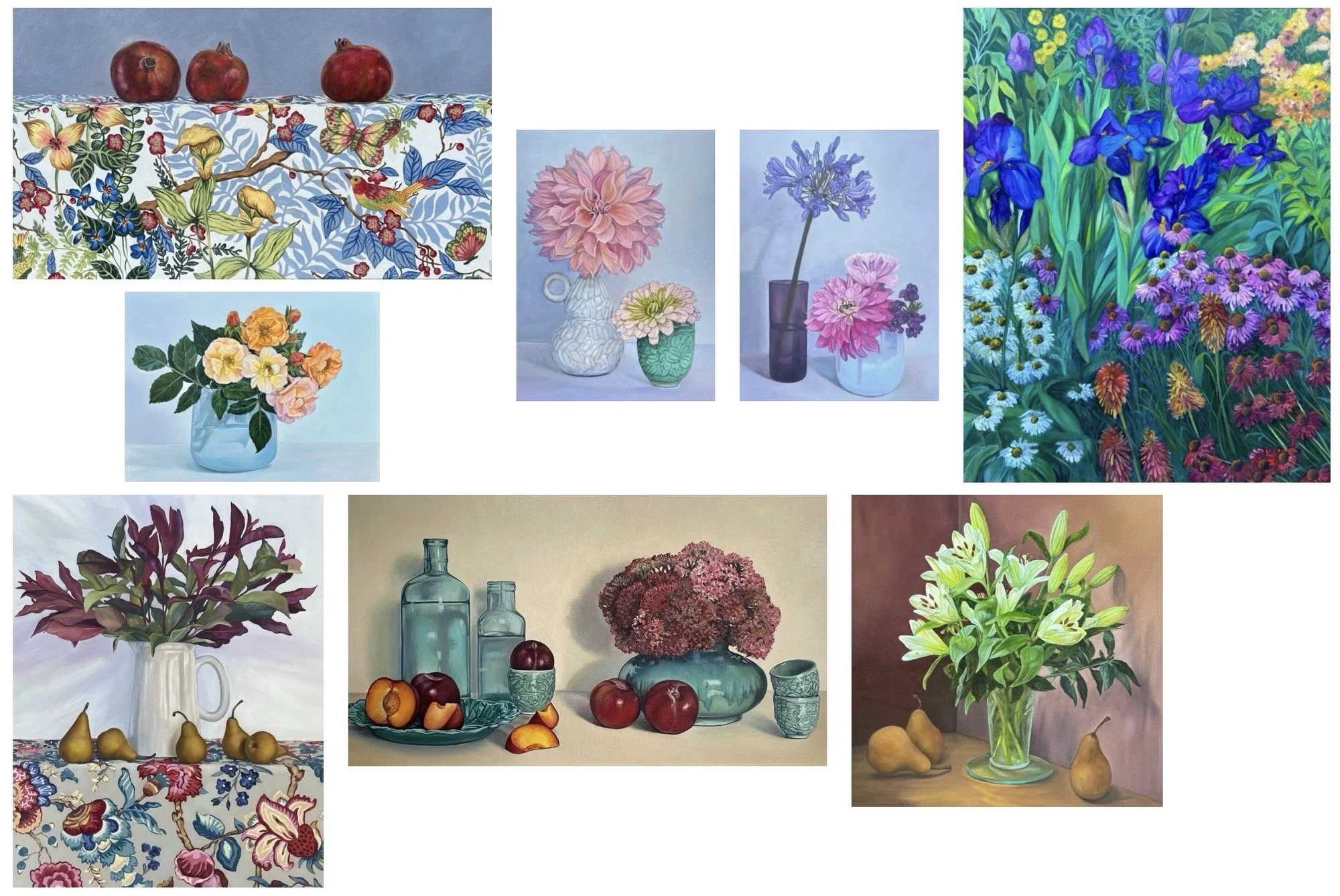 A collage of different still life and floral paintings, featuring various flowers and decorative objects such as vases, bottles, and fruit.