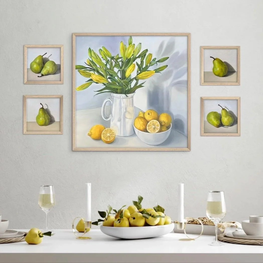 Shop the Lemons & Pears 5-piece fine art print bundle in solid timber deep-edge frames — $500 (was $590). Free insured delivery, certificate of authenticity & care guide included.
