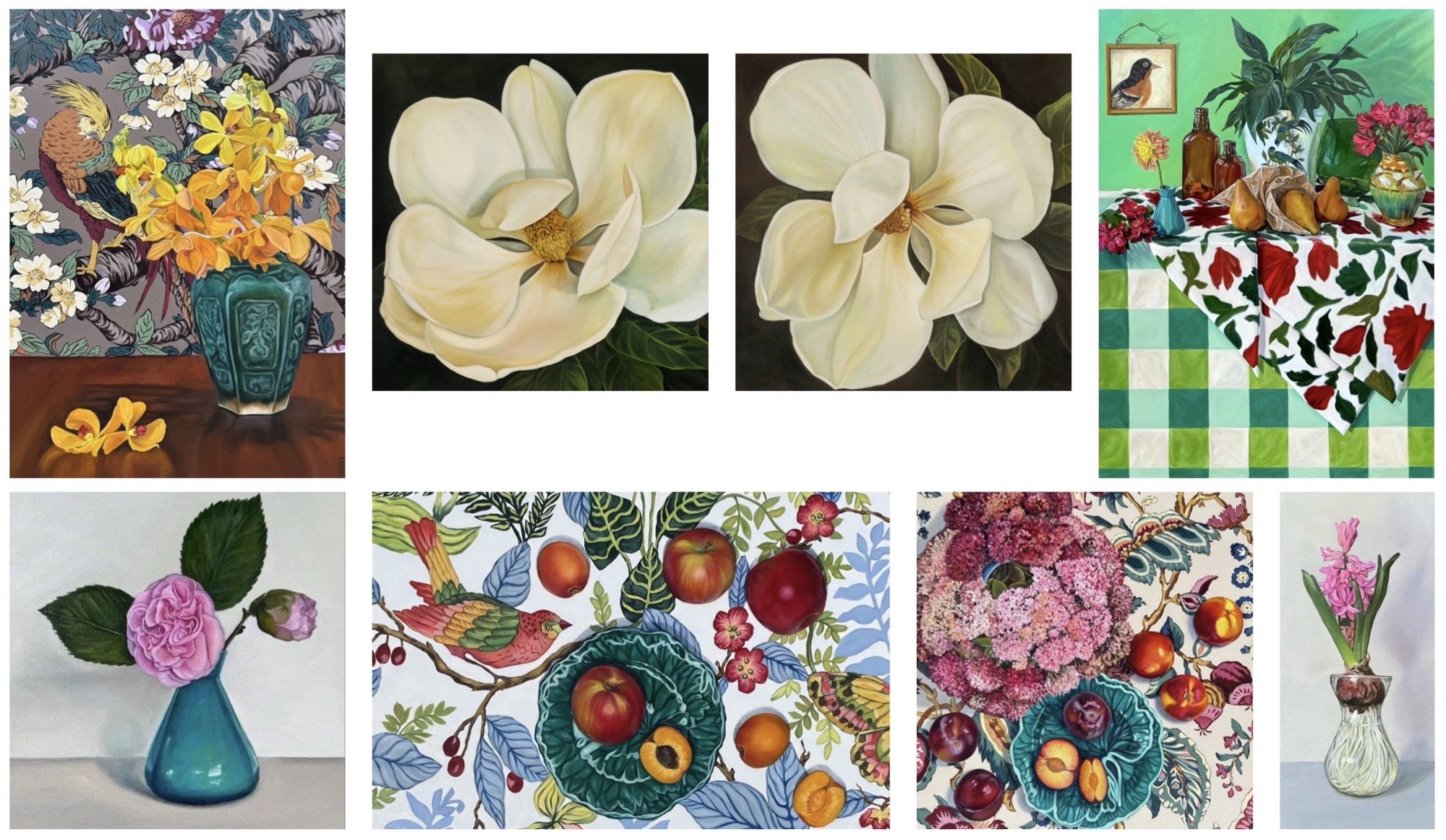 A collage of various floral and still life paintings, including white magnolia flowers, a pink rose in a blue vase, and a vibrant floral table arrangement with bottles and pears.