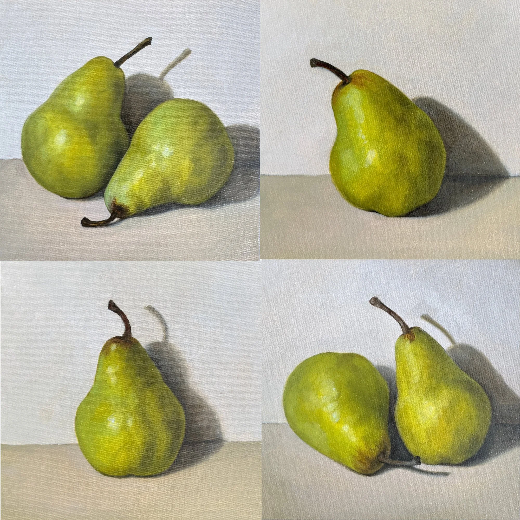 four paintings of green pears