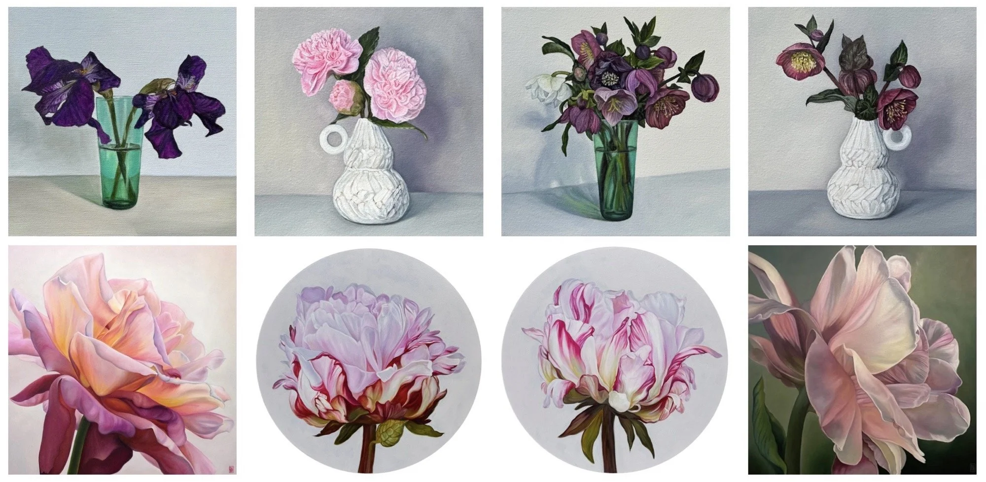 A collage of nine images featuring various floral arrangements. The top row shows four paintings of flower vases with different colored flowers including irises, carnations, hellebores, and another set in vases. The bottom row contains close-up images of detailed flower blossoms, including peonies and roses, with vivid pink, peach, and white petals.
