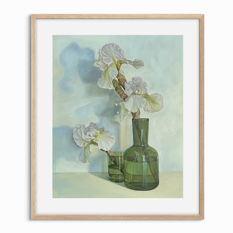 White Irises in Green Glass - Fine Art Print