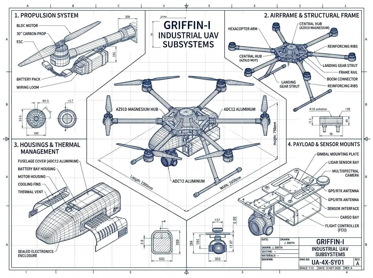 Conceptual wireframe schematic illustrating industrial hexacopter drone subsystems, thermal management housings, and component layouts.