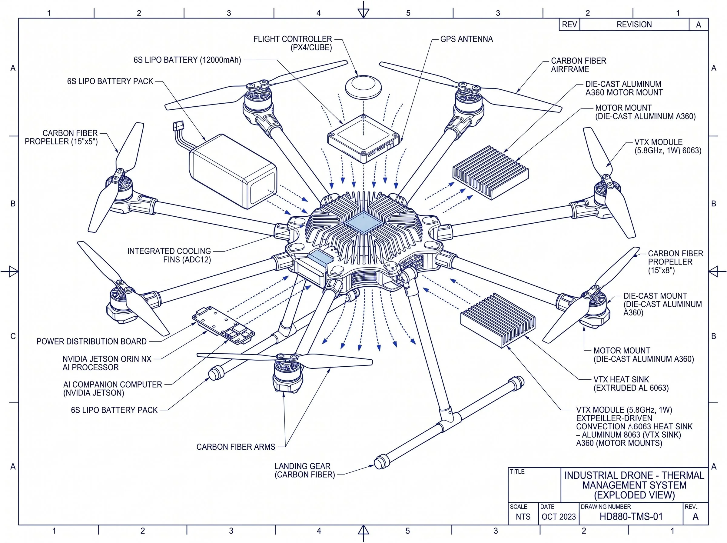 Conceptual blueprint illustration showing heat sink placement and cooling components for industrial UAV.