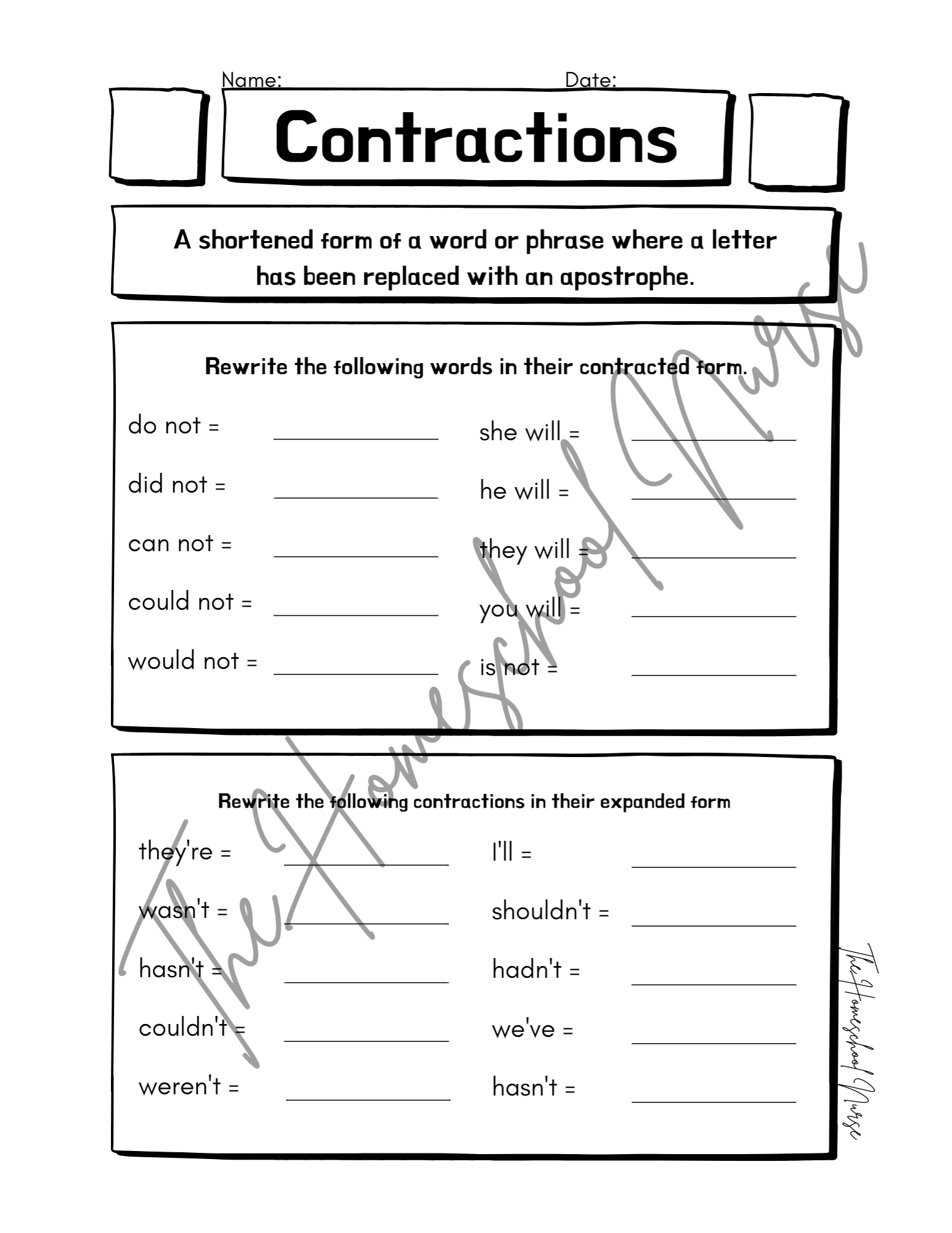 Contractions Fill In Bee Subtraction With Borrowing- Freebie — The Homeschool Nurse