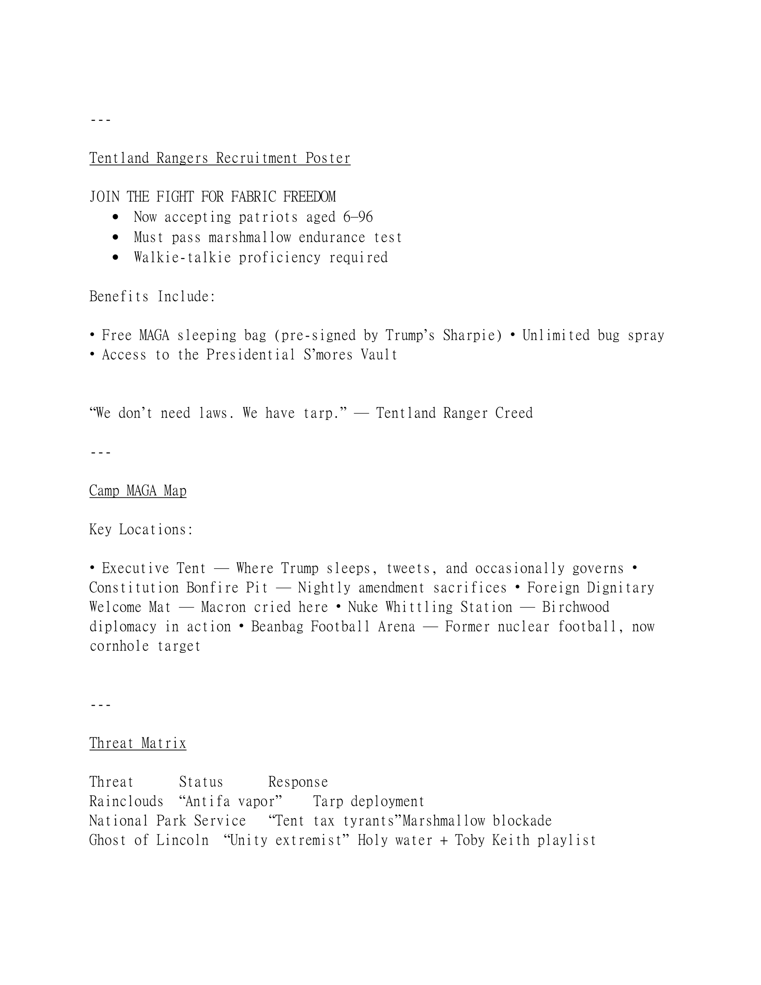 A text-based parody of a military recruitment poster featuring humorous and satirical content about Tentland Rangers, Camp MAGA, and threat matrix scenarios.