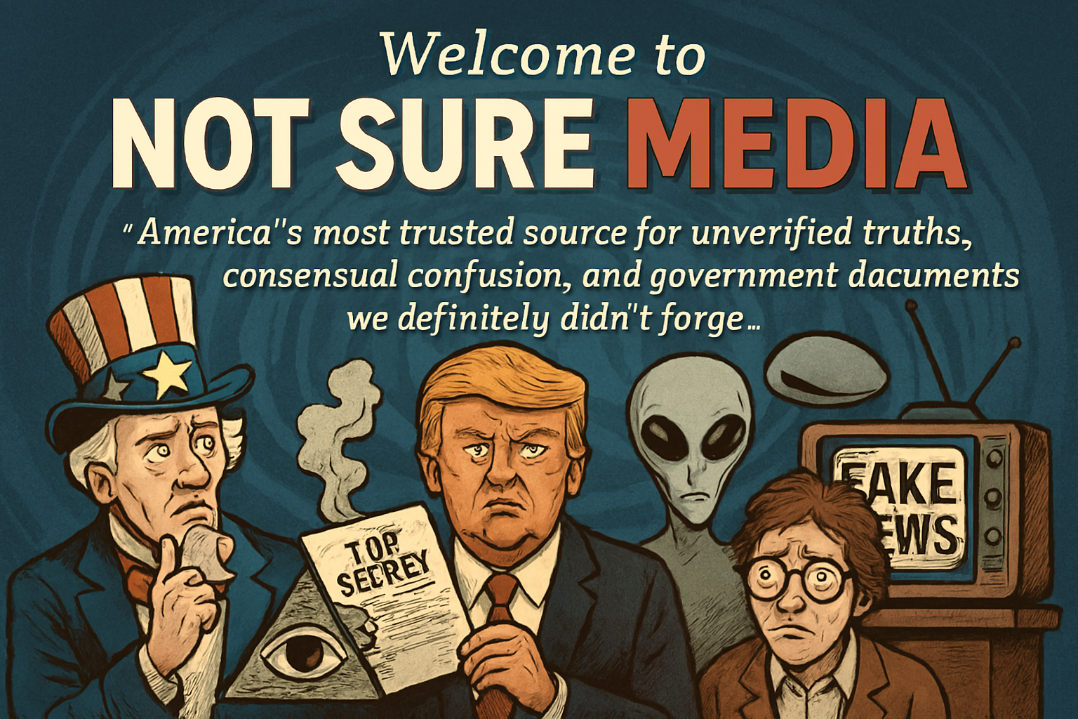 Illustrated graphic of political and alien figures holding newspapers in front of a TV with 'FAKE NEWS' on the screen, under text that says 'Welcome to NOT SURE MEDIA' and a quote about unverified truths.