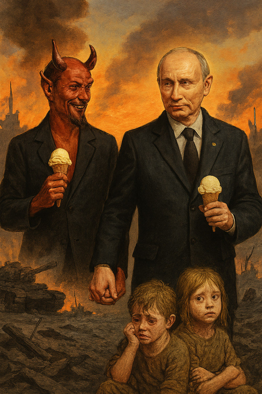 Painting of two men in suits holding ice cream cones, one with devil horns and the other with a stern expression, standing behind two children with sad expressions amidst a war-torn landscape with smoke and debris.
