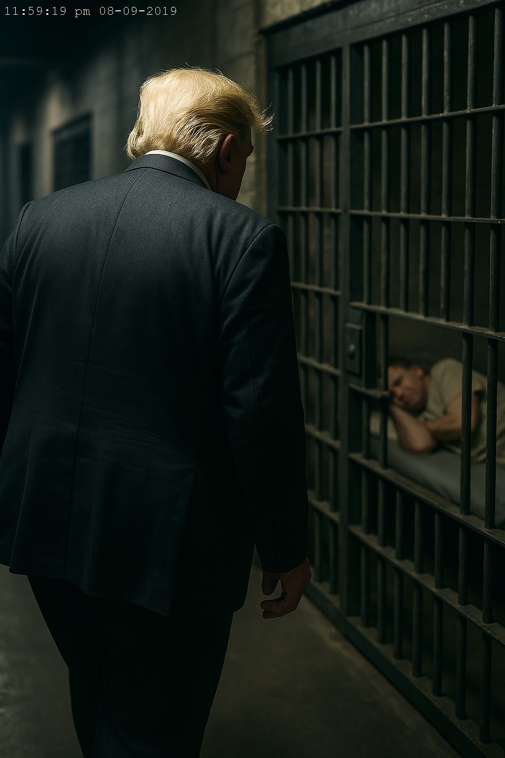 A man with blonde hair wearing a dark suit, standing in front of jail cells, looking at a person lying in a bed inside a cell.