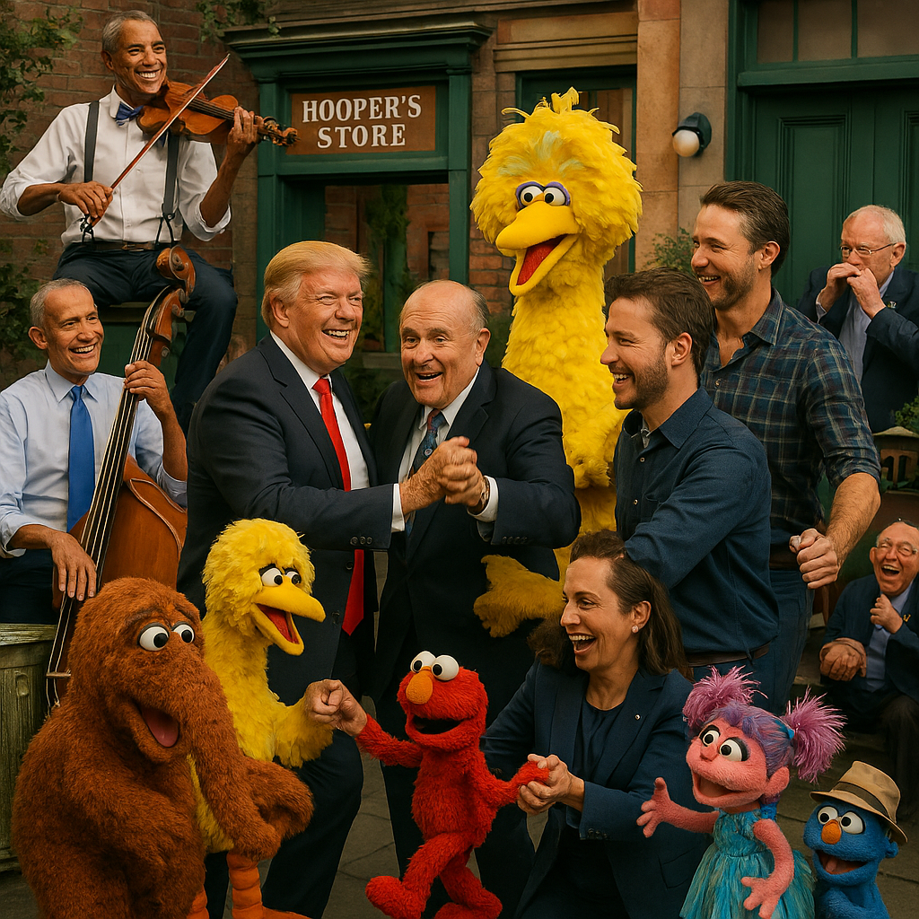 A group of people, including President Joe Biden, are celebrating with characters from Sesame Street, including Big Bird, Elmo, and Abby Cadabby, in front of Hooper's Store. A musician playing a violin is elevated above the scene.