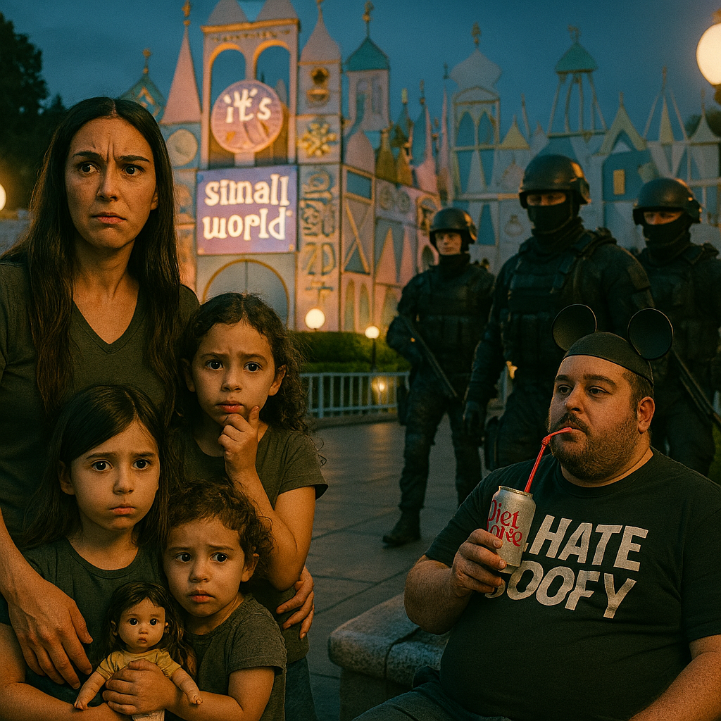 A woman and four young girls with concerned expressions pose for a photo in front of Sleeping Beauty Castle at Disney theme park during dusk. Behind them, show police officers in tactical gear stand on guard, and a man wearing a Mickey Mouse hat and a HATE SCOFY T-shirt drinks from a soda can with a straw, in front of castle decorations that read 'It's a Small World'.