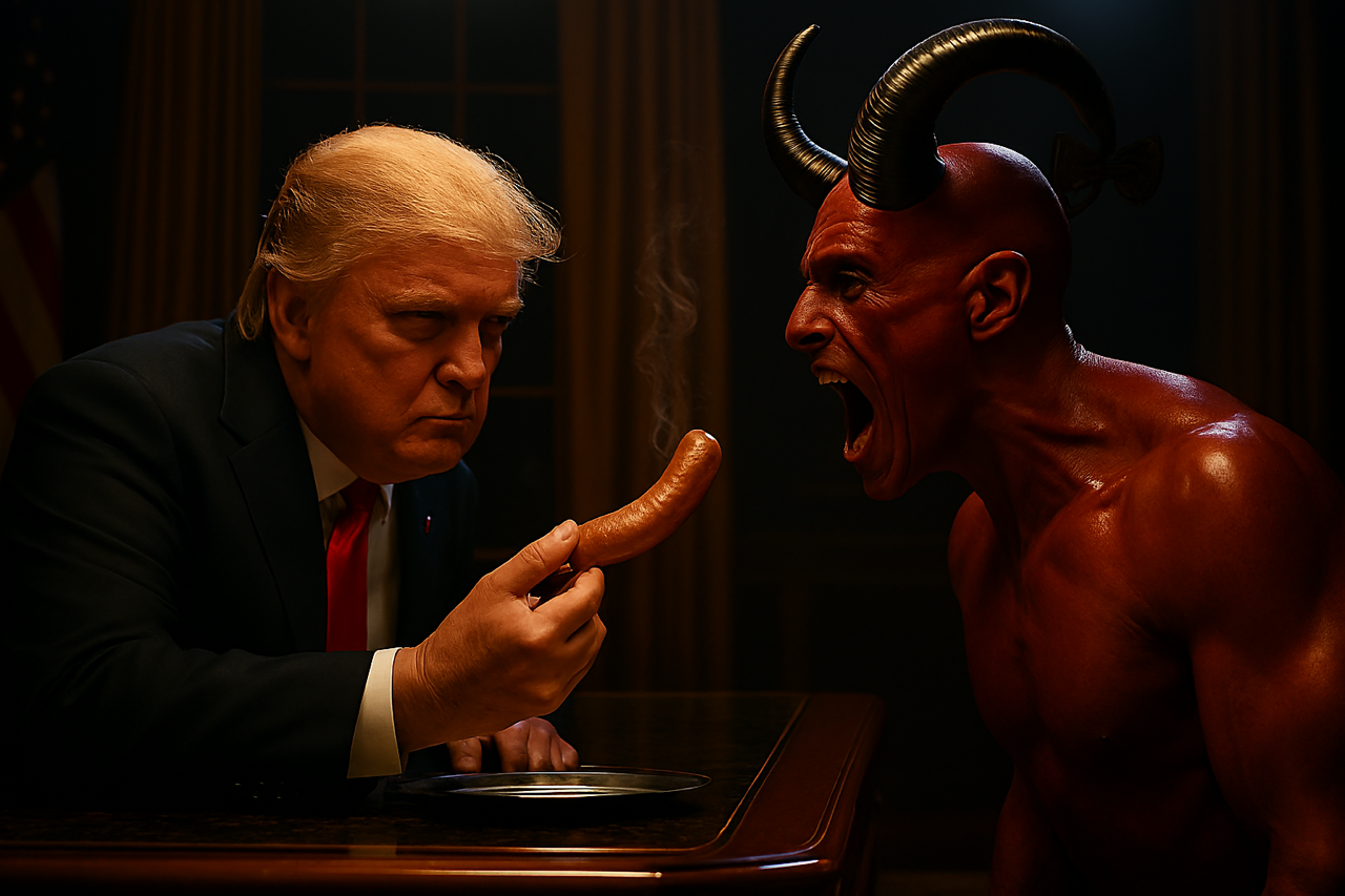 A depiction of Donald Trump with a stern expression holding a sausage towards a horned, red-skinned demon who is shouting at the sausage.