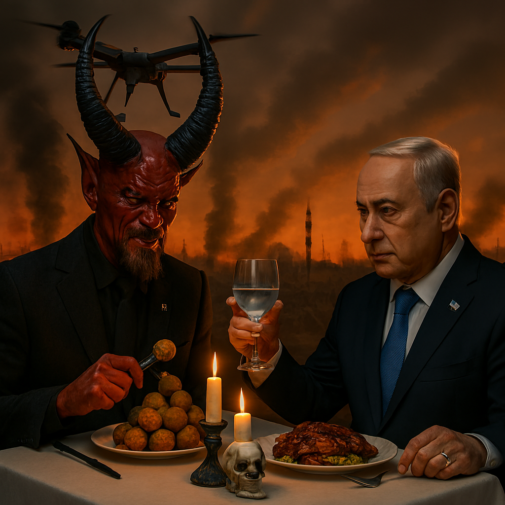 A demon-like creature with large, curved horns and red skin, dressed in black, sitting at a dining table with a man in a suit who is holding a glass of water. The table has candles, a plate of meat, a small skull, and a plate of fried balls. The background shows a smoky, fiery sky with dark smoke and a silhouette of a tall tower.