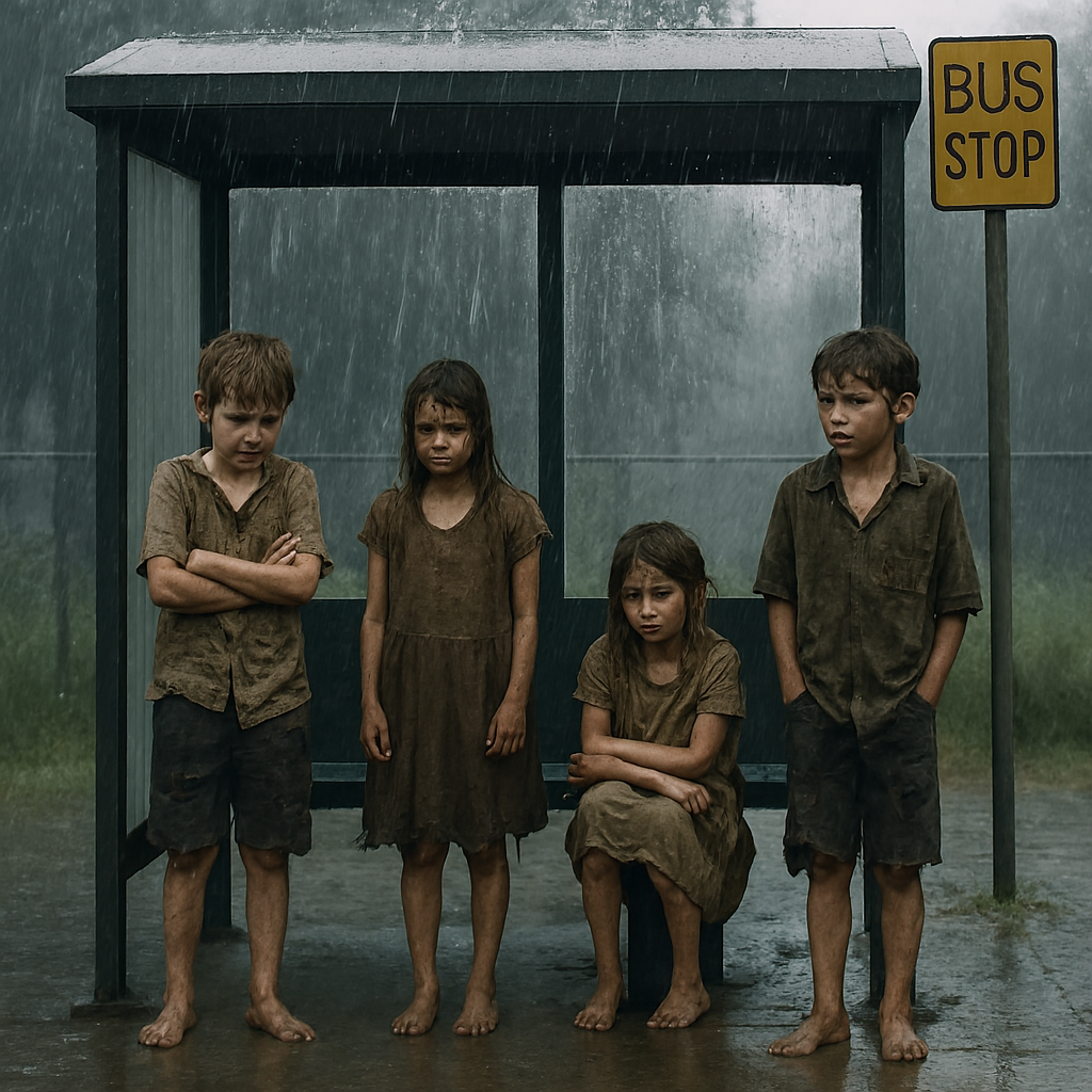 Four children with dirty, muddy clothes standing in the rain at a bus stop, with a shelter and a yellow bus stop sign visible.