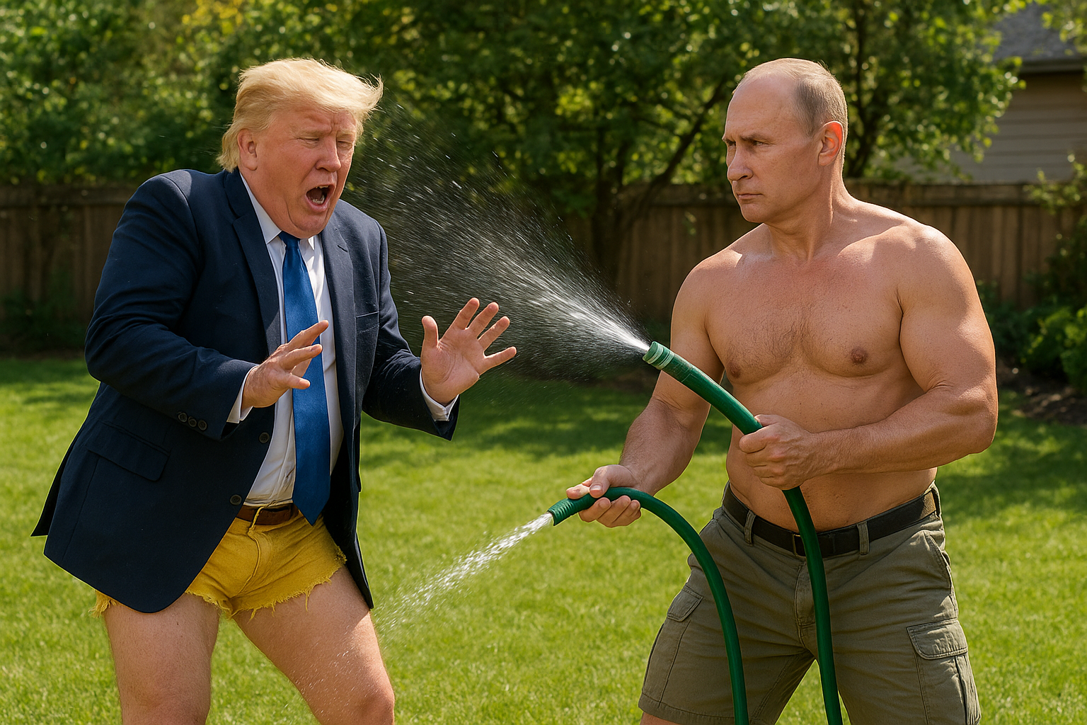 Putin and Trump Take Break From Alaska Talks for Backyard Hose Duel