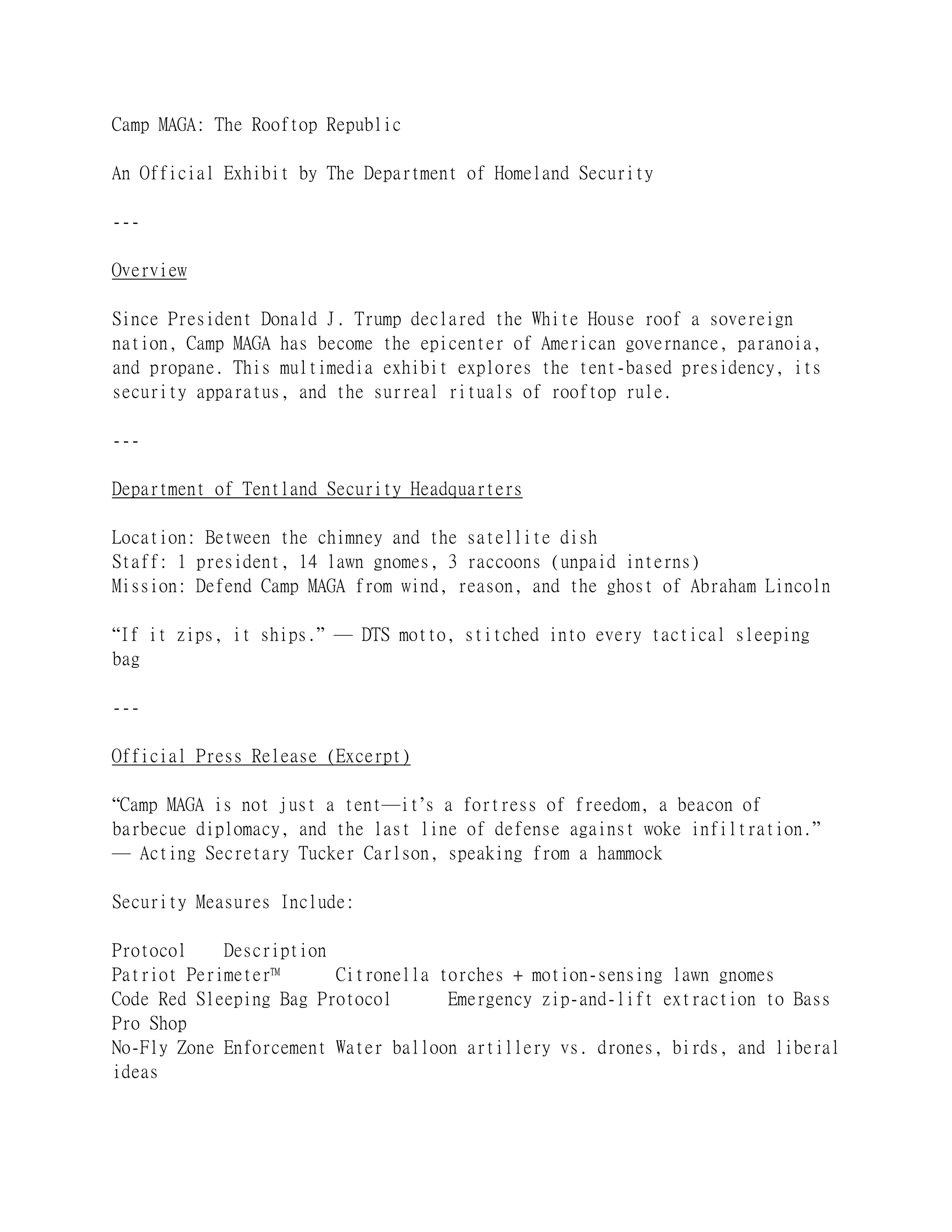 Document titled 'Camp MAGA: The Rooftop Republic', describing a Homeland Security exhibit about a tent-based presidency, security apparatus, and rooftop rituals, with sections on the Department of Tentland Security Headquarters and an official press release highlighting security protocols.