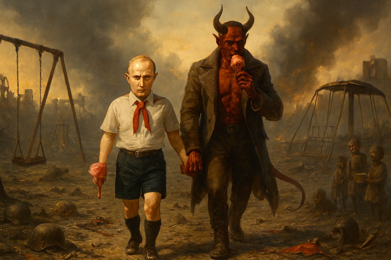 A painting depicting little boy with a red scarf holding hands with a large, red-skinned devil-like creature with horns. The background shows a desolate, smoky landscape with broken playground equipment and skulls on the ground.
