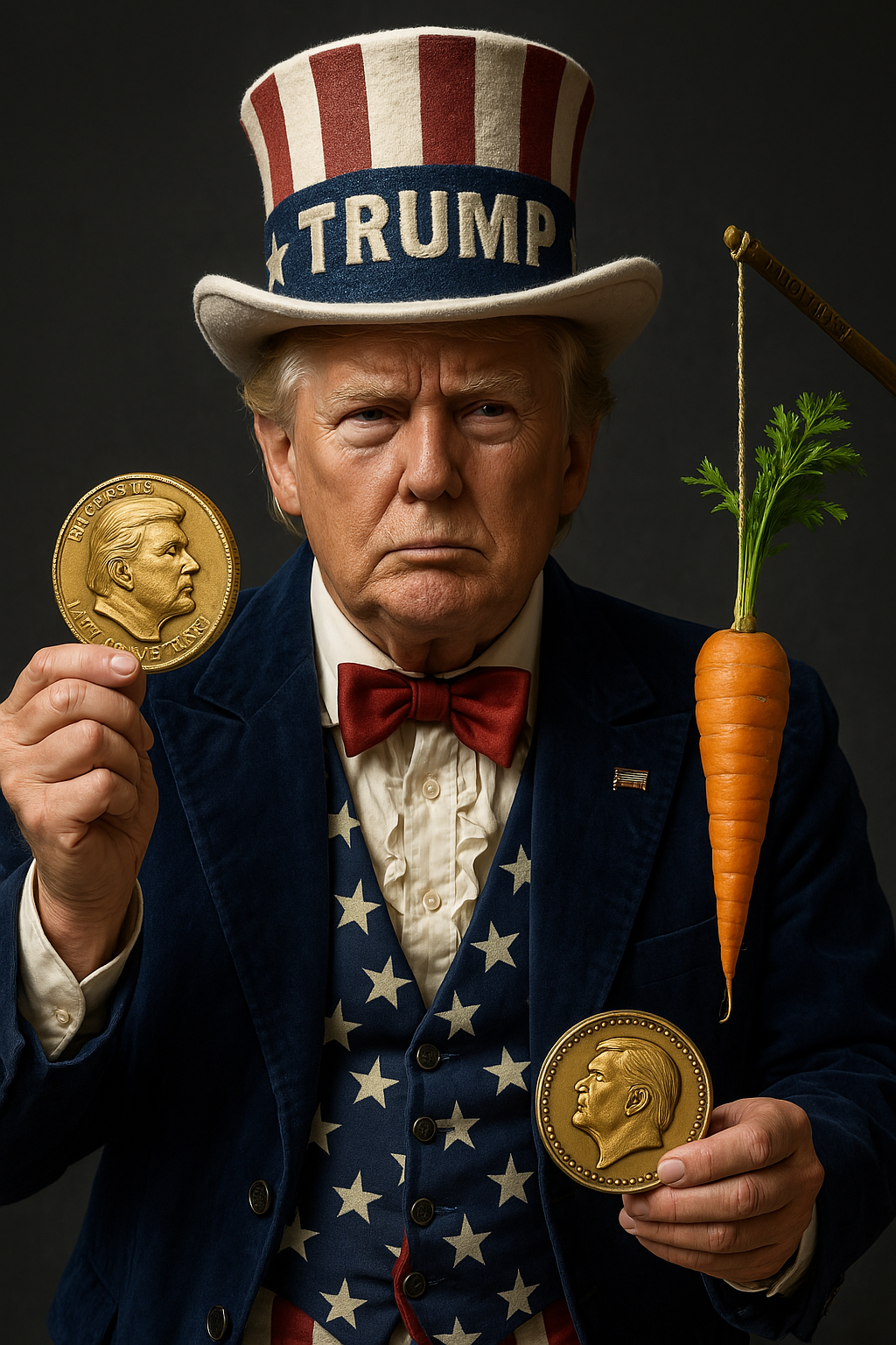 A man dressed as Uncle Sam with a serious expression, wearing a patriotic top hat that says 'TRUMP', holding two large gold coins with Trump's profile, and balancing a carrot and celery stalk on his shoulders against a dark background.