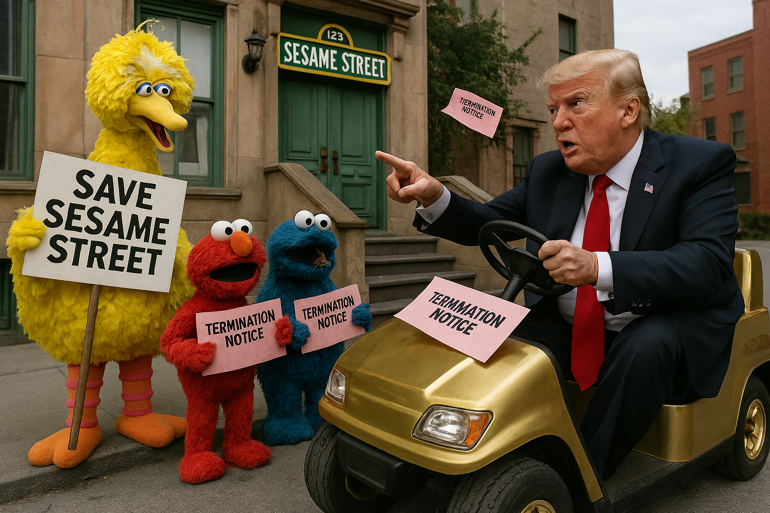 A scene featuring people in Sesame Street costumes protesting outside a building with a sign that reads 'Sesame Street.' Sesame Street characters hold signs saying 'Save Sesame Street' and 'Termination Notice,' while a man resembling Donald Trump is seated in a golf cart, engaged in conversation with the characters. The background shows a street sign for Sesame Street and a building with stairs.