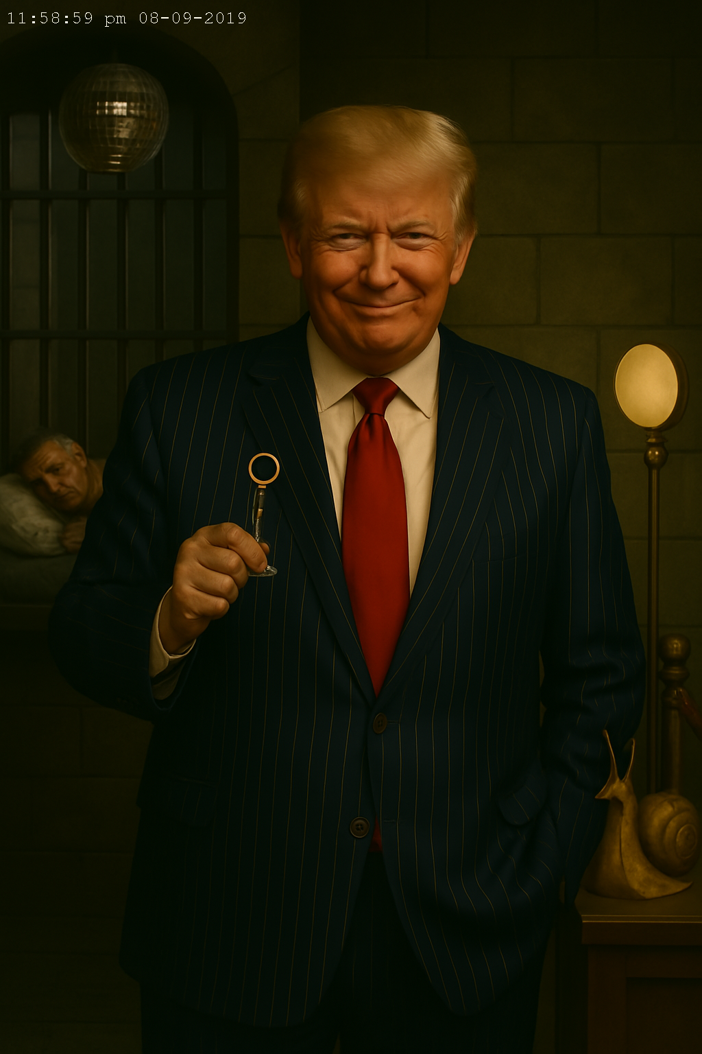 A man dressed as Donald Trump in a pinstripe suit holding a small key, standing in a dimly lit room with a snail sculpture and a lamp in the background. A person is lying on a bed in the background.