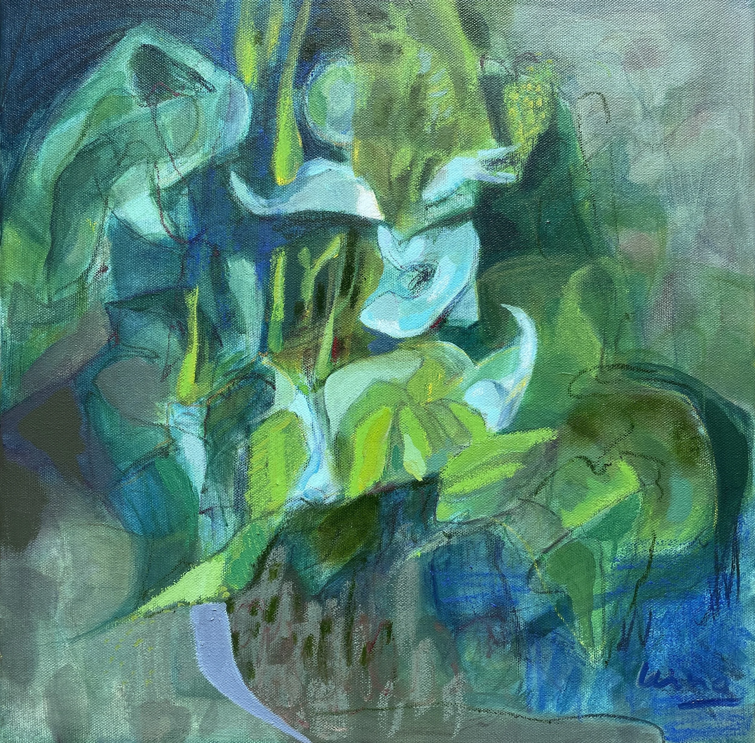 "Midnight  Peace Lily", 2026, mixed media on canvas, 41 x41 cm, unframed, SGD 1,500