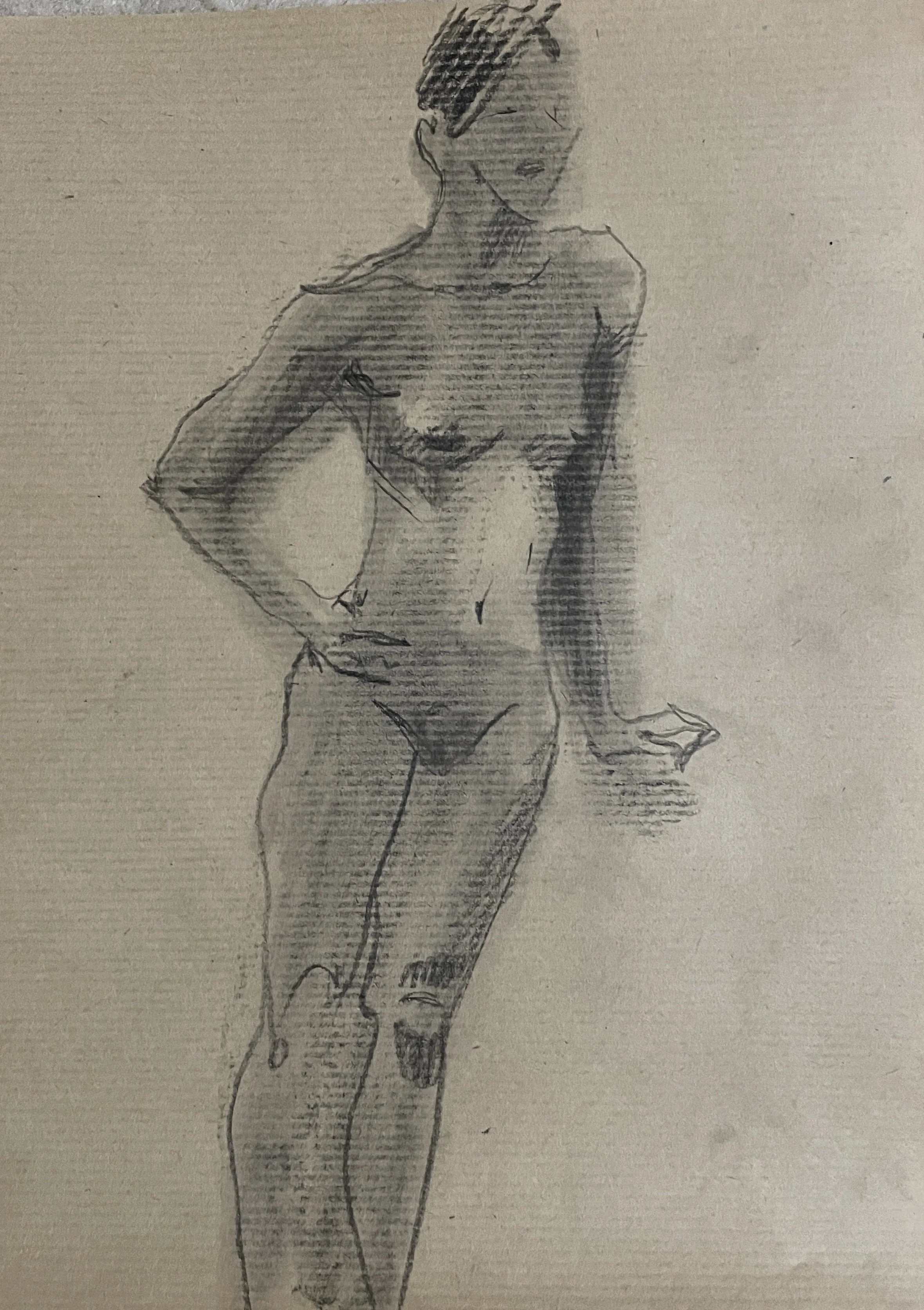 "Standing figure", 2025, charcoal and pencil on craft paper, black acid free paper mat, 14x11"