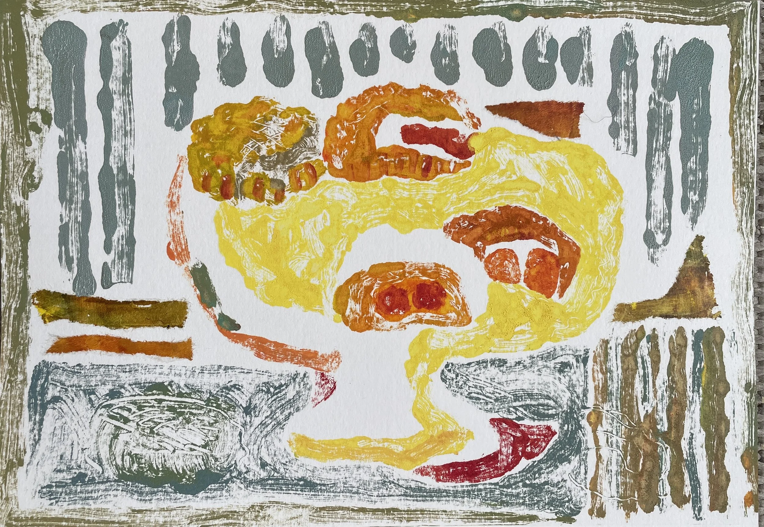 Mooncakes with Stripes, 2026, Oil monotype and mixed media on mixed media paper 250 gsm, 21x29.7 cm, framed in white acid free paper mat 11x14", plastic protective sleeve, SGD 200
