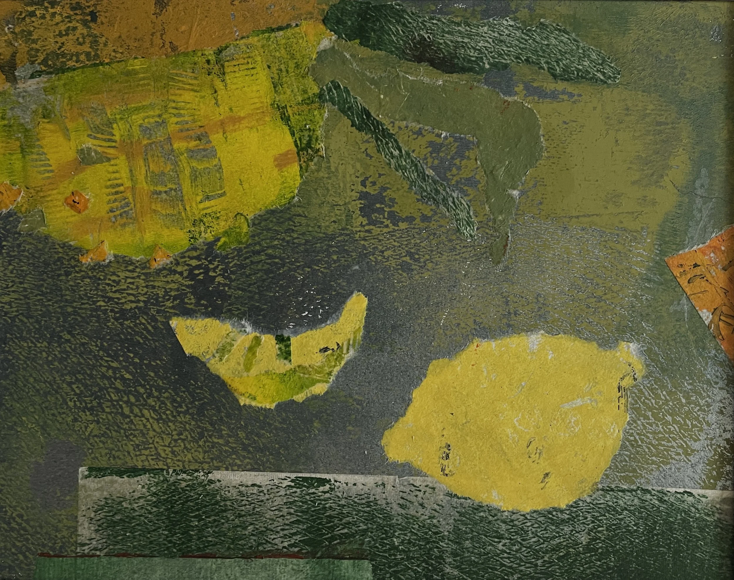 Yellow Fruit, 2026, Monotype and collage on Fabriano acid free cold press paper 300 gsm, framed in white acid free paper mat 11x14", plastic protective sleeve, SGD 250