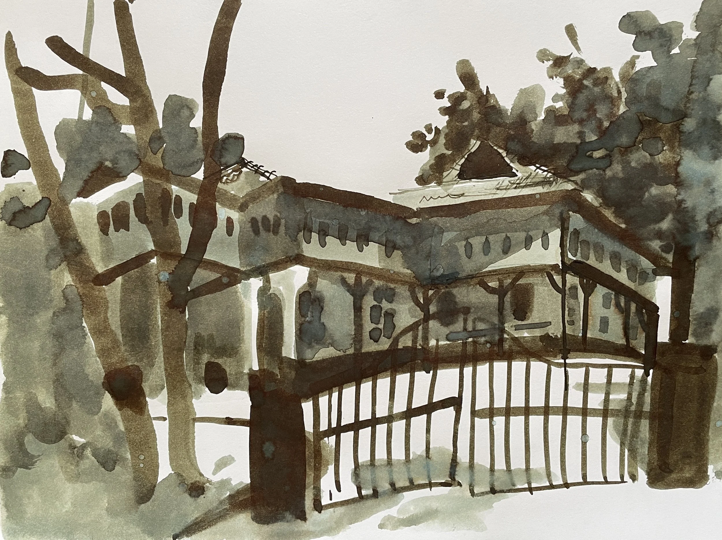 "Goodwood Park", 2026, ink on Strathmore acid free paper, 160 gsm, 22.9 x 30.5 cm, framed in white acid free paper mat, 11 x 14", plastic protective sleeve