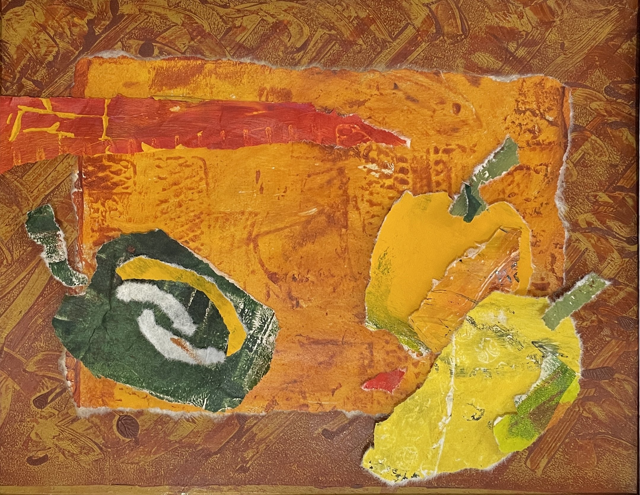 Peppers, 2026 Monotype and collage on Sthrathmore acid free cold press paper 160 gsm, framed in white acid free paper mat 11x14", plastic protective sleeve, SGD 250
