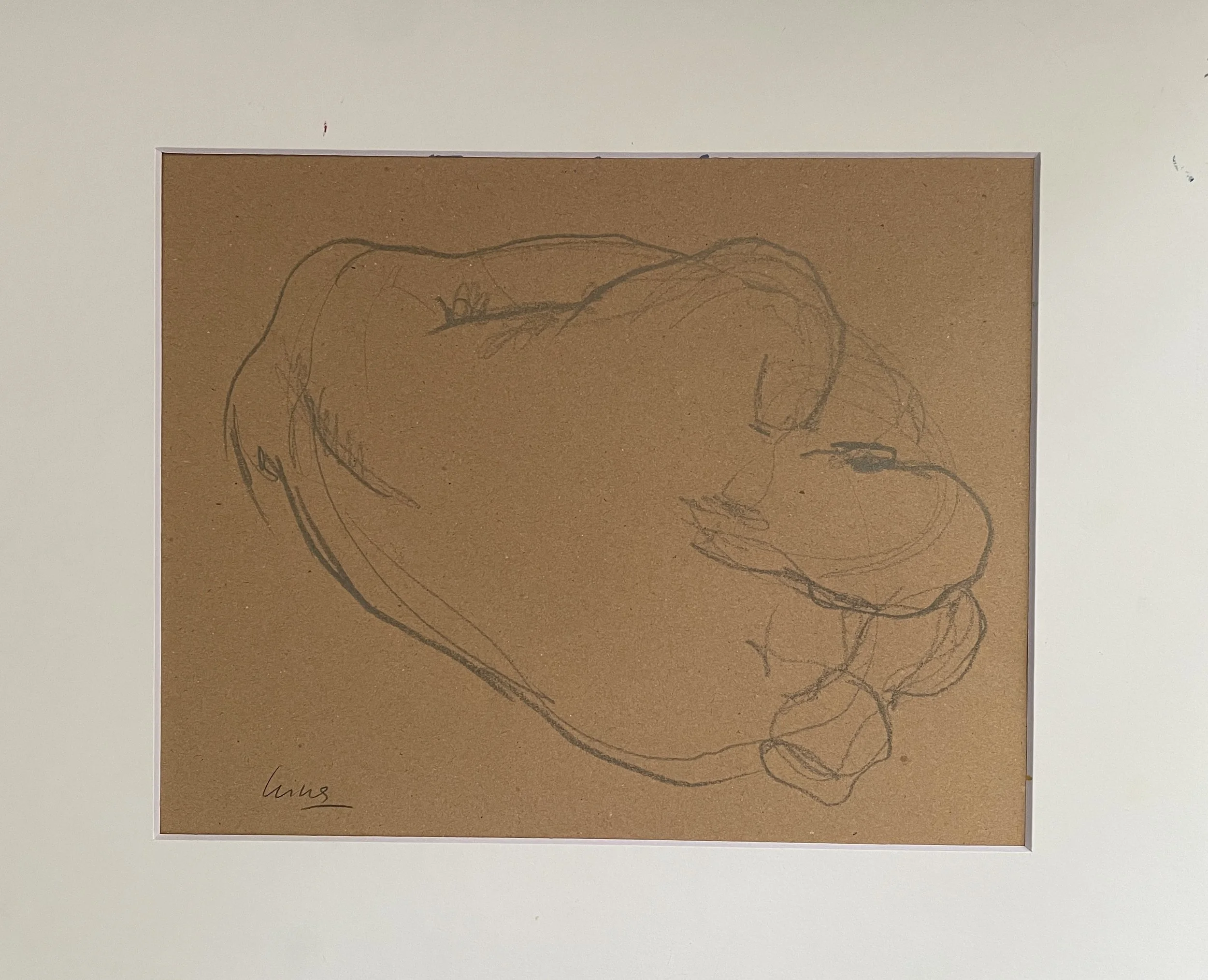"Curled Up Nude", 2026, pencil on Reeves kraft paper, acid free, 110 gsm, 21.0x29.7 cm, framed in white acid free paper mat 11x14", plastic sleeve