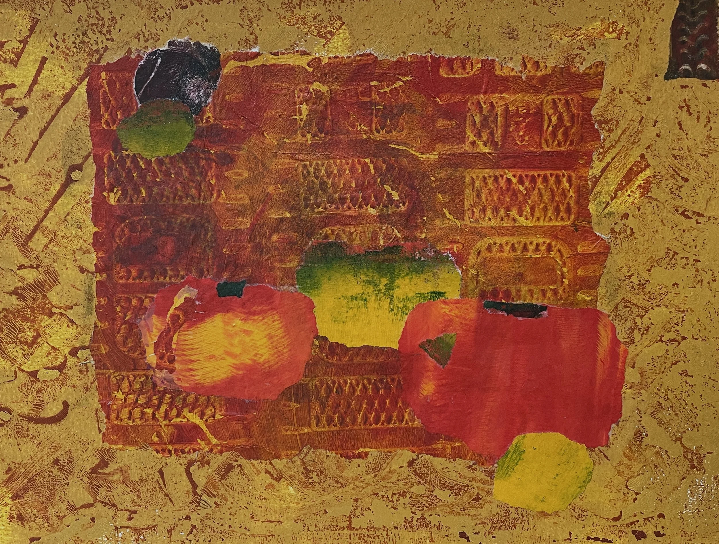 Tomatoes, 2026. Monotype and collage on  acid free mixed media paper 250 gsm, framed in white acid free paper mat 11x14", plastic protective sleeve, SGD 250
