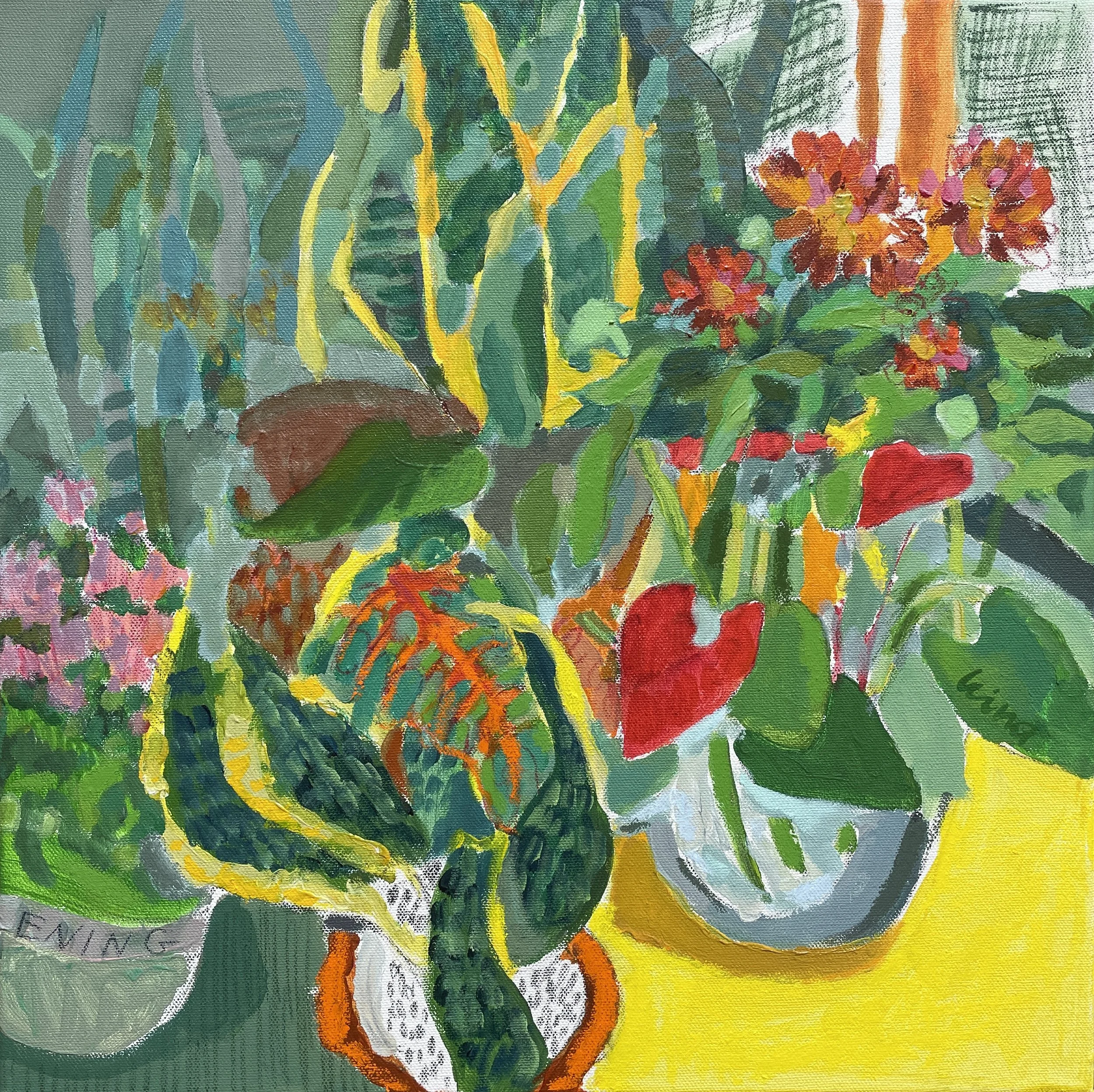 "Supermarket Flower Stall", 2026, mixed media on canvas, unframed, 41x41 cm, SGD 1500