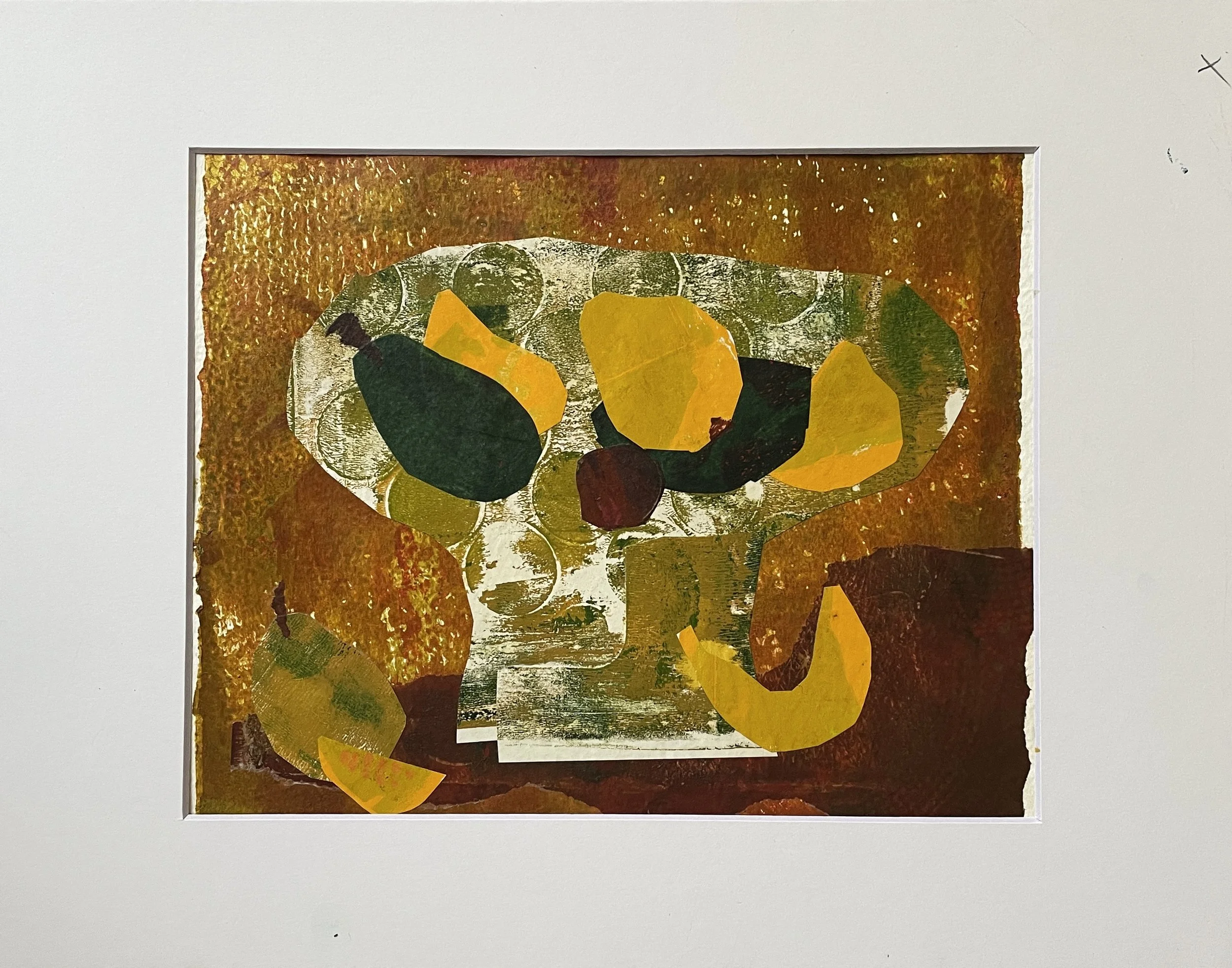 Fruit bowl, 2025, Monotype and collage on A4 Fabriano acid free cold press paper 300 gsm, framed in white acid free paper mat 11x14", plastic protective sleeve, SGD 250