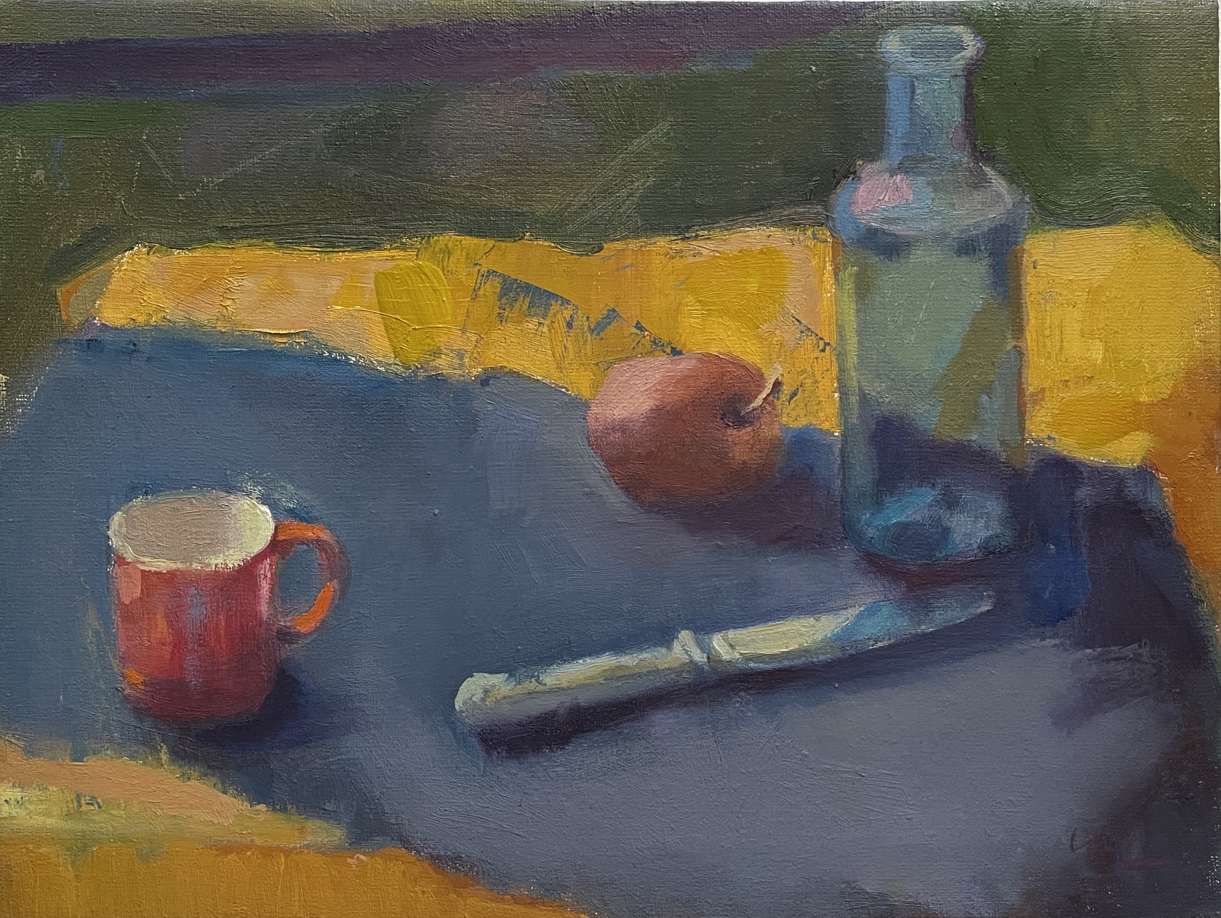 Interior with a Bottle, 2026. Oil on linen canvas, 30x39.5 cm, unframed, DM for price
