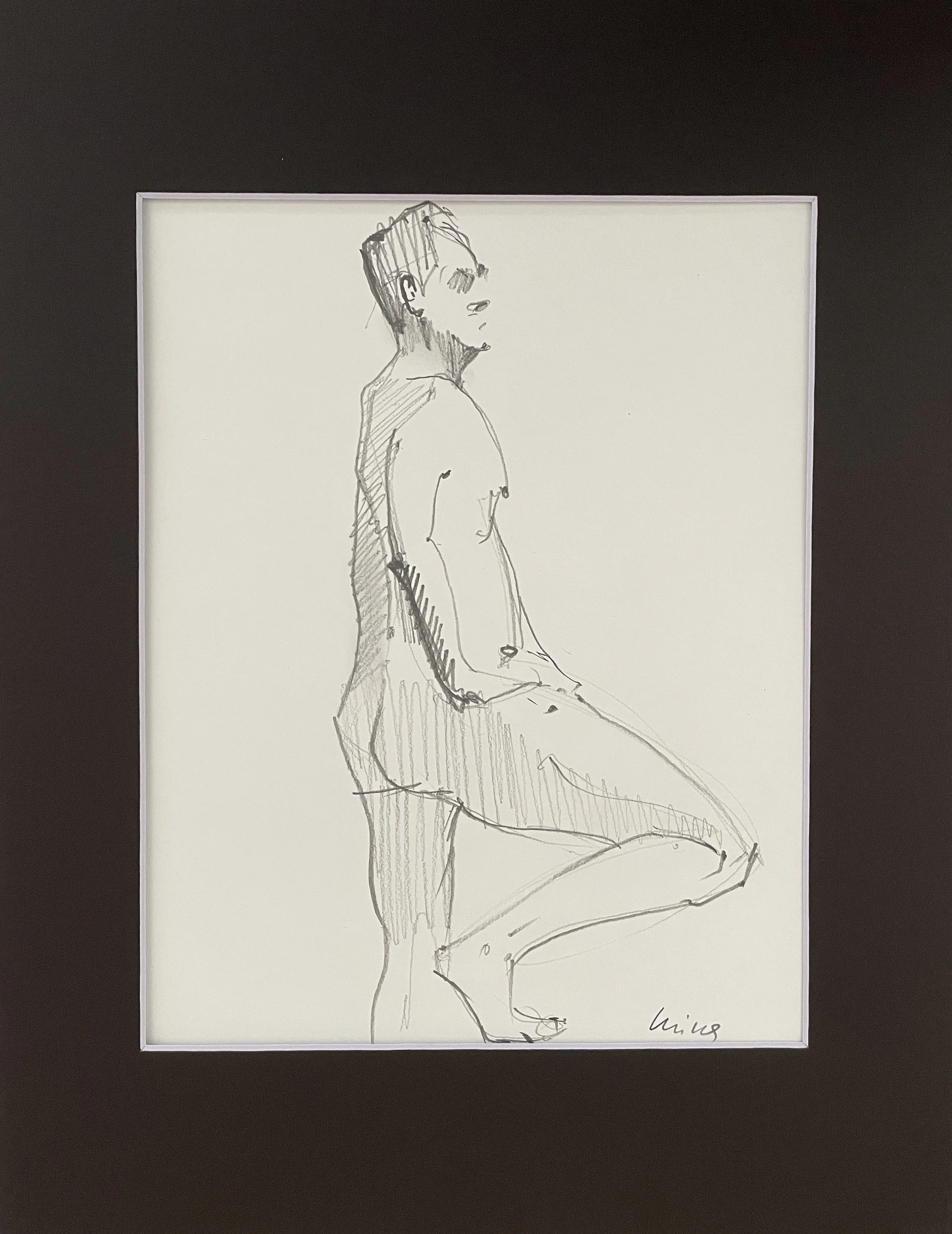 "Standing Male Figure", 2025, pencil on Sthrathmore acid free paper 160 gsm, image size 9.5"x7.5", framed in black acid free paper mat 14"x11", protective plastic sleeve, SGD 50
