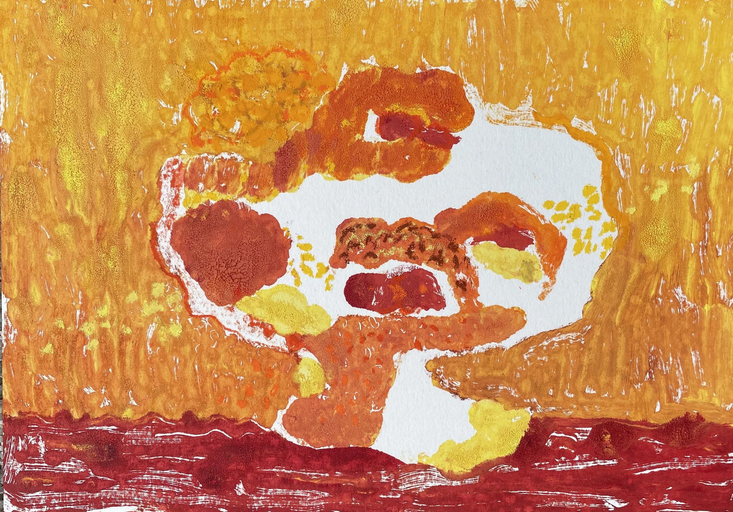 Mooncakes Red/Orange, 2026, Oil monotype and mixed media on mixed media paper 250 gsm, 21x29.7 cm, framed in white acid free paper mat 11x14", plastic protective sleeve, SGD 180