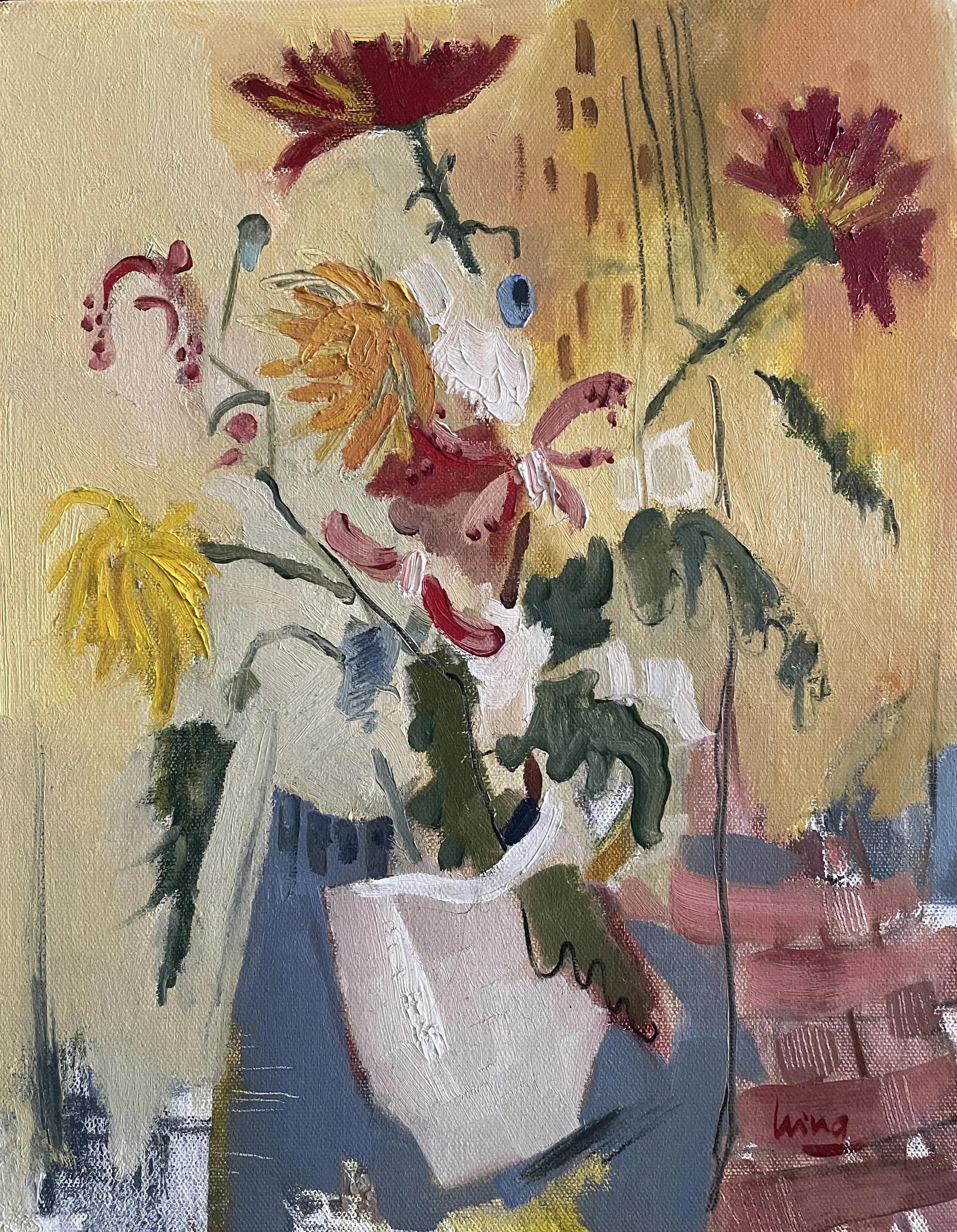 Flowers in White Jug, 2024, oil & charcoal on canvas, 14x11", framed, SGD 1,200