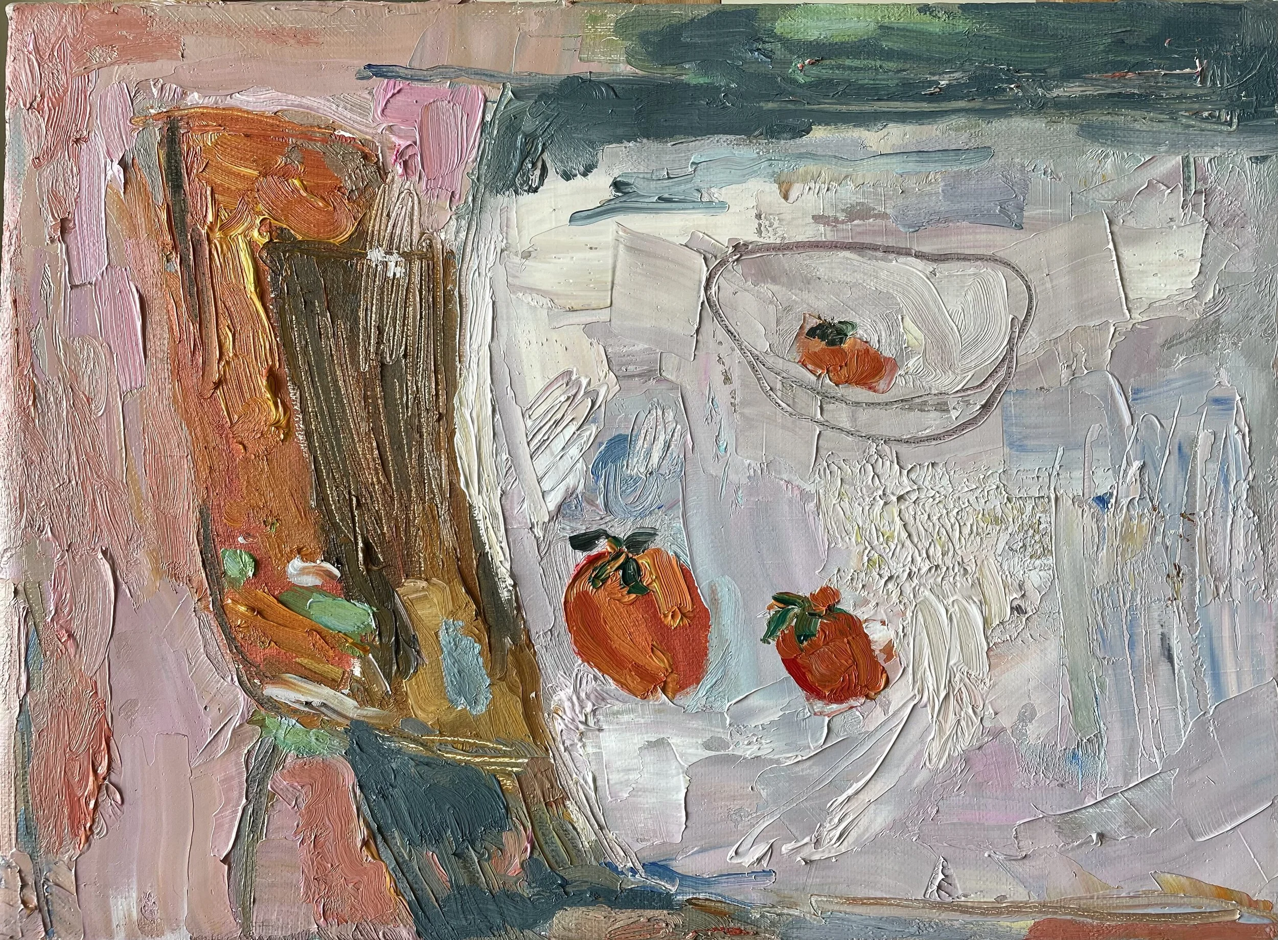 "Abstract still life with persimmons", 2024, oil on linen, 9.5x13", unframed, SGD 870
