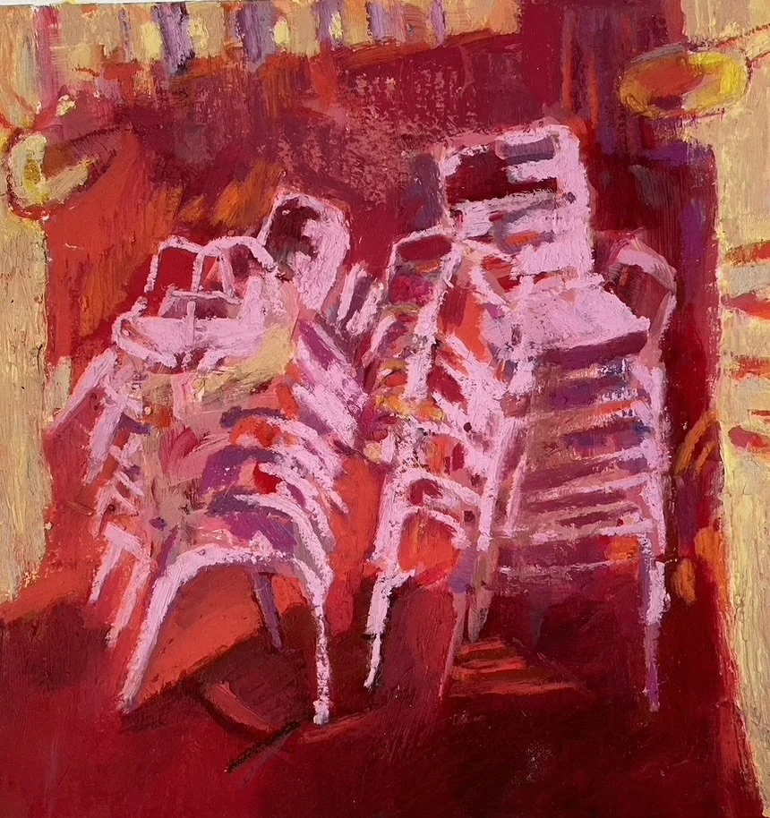 Chairs, Haji Lane, 2024, mixed media on paper, 37x37 cm, framed, SGD 900