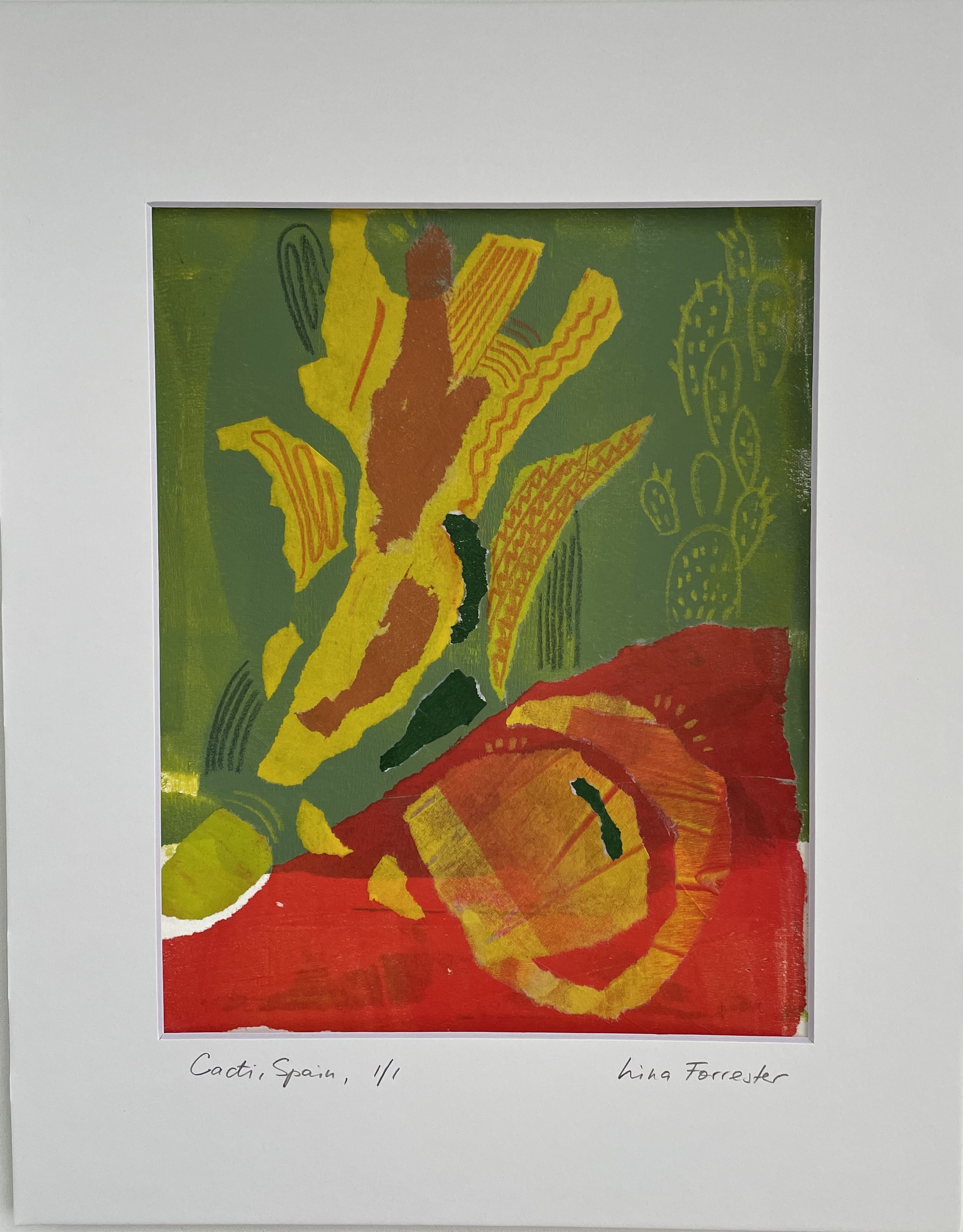 "Cacti, Spain", 2025, monotype and mixed media collage, 10x8" printed image or 14x11", when framed with acid free paper mat and plastic sleeve, SGD250
