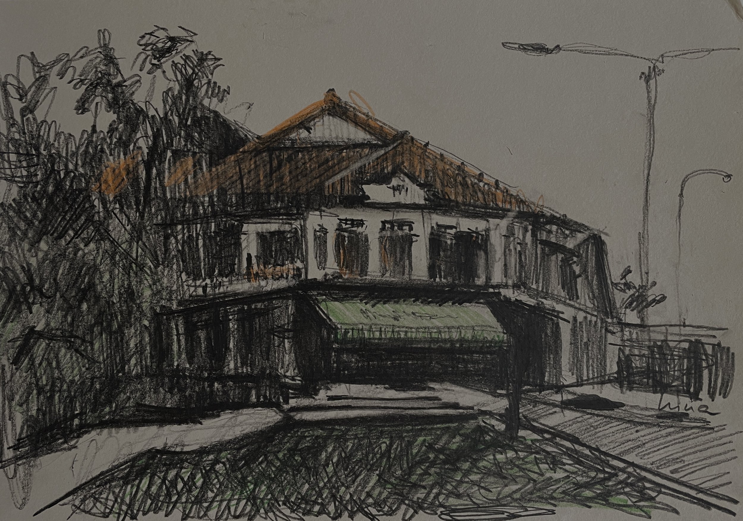 "Cluny Court", pencil and colour pencils, on toned paper, framed, image 21x29.7cm, frame 27x34cm, SGD 250