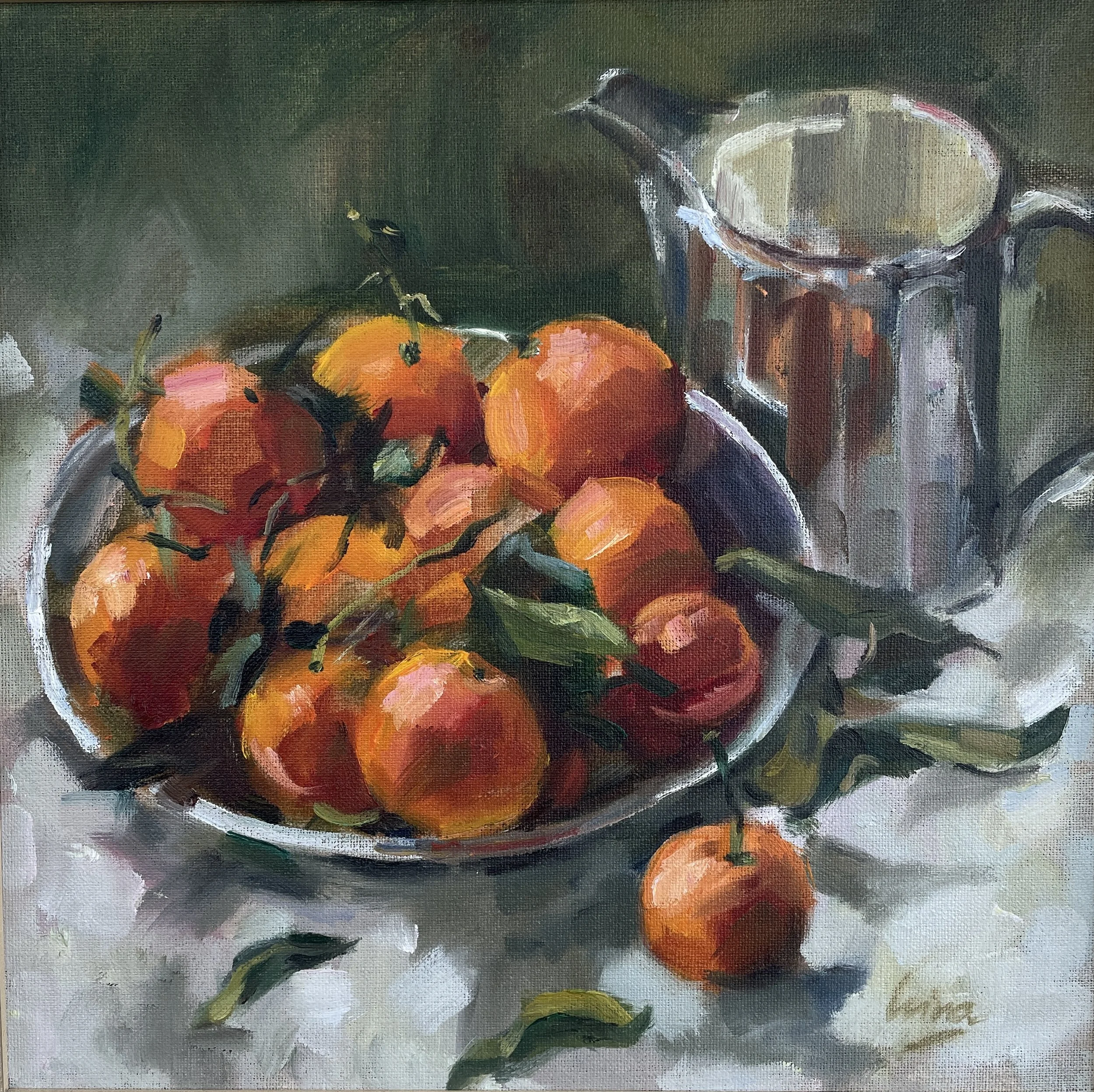 Oranges and a silver jug, 2023, oil on panel, 30x30cm, framed